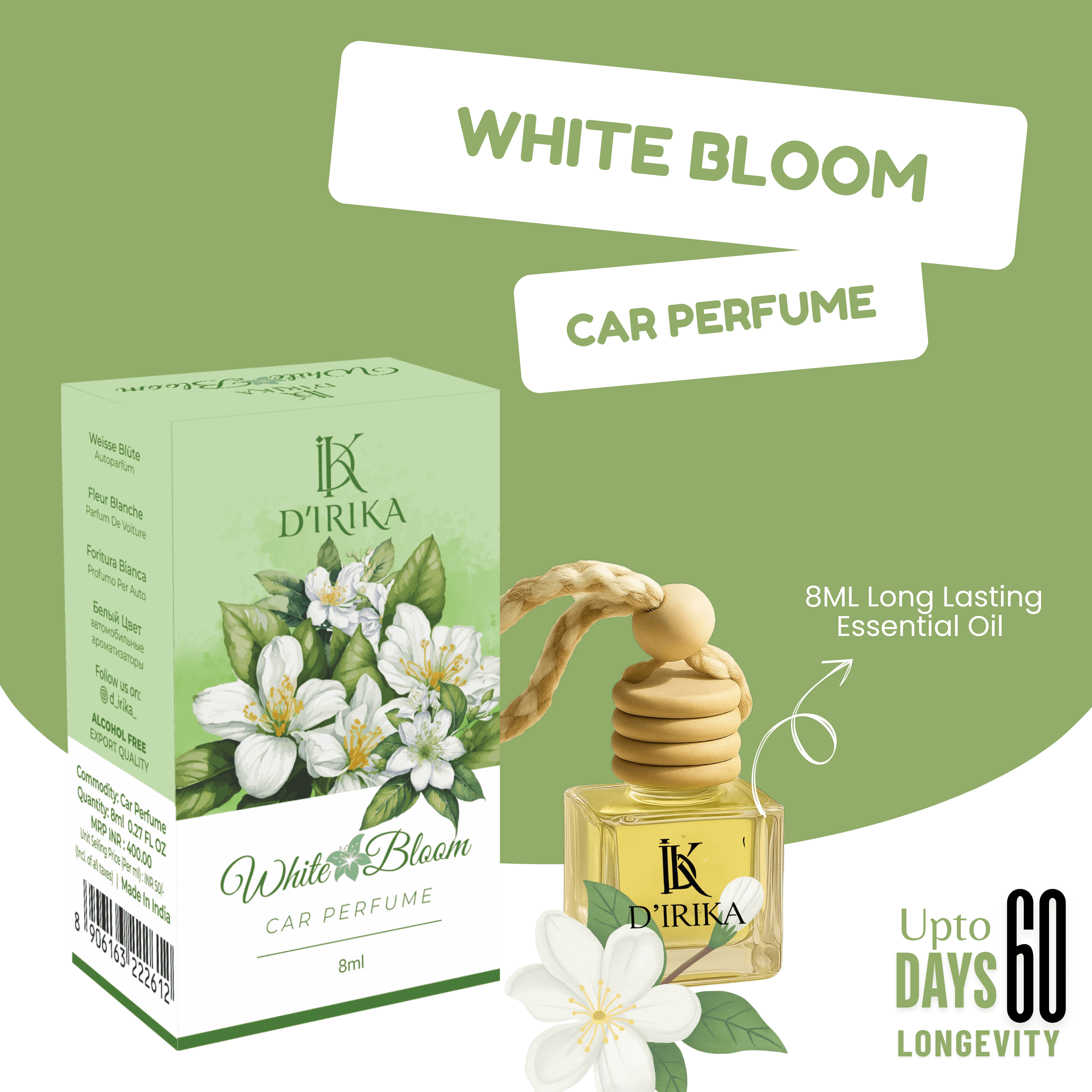 D’irika White Bloom Hanging Car Perfume – 8ML Long Lasting Essential Oil Freshener