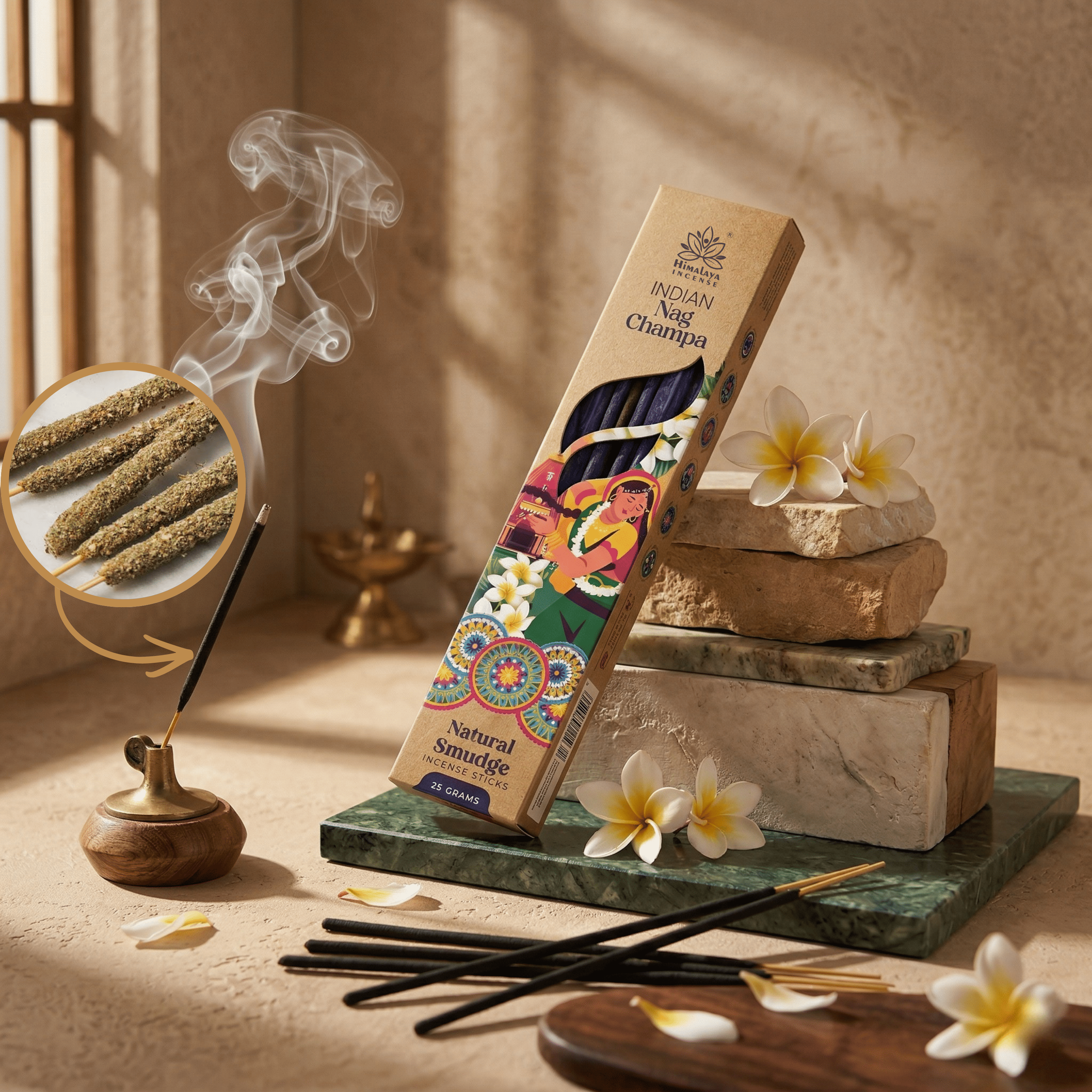 Indian Nag Champa Smudge Incense Sticks – Premium Natural Spiritual Incense, Long Lasting Rich Aroma for Meditation & Home Fragrance - 25G / Box
