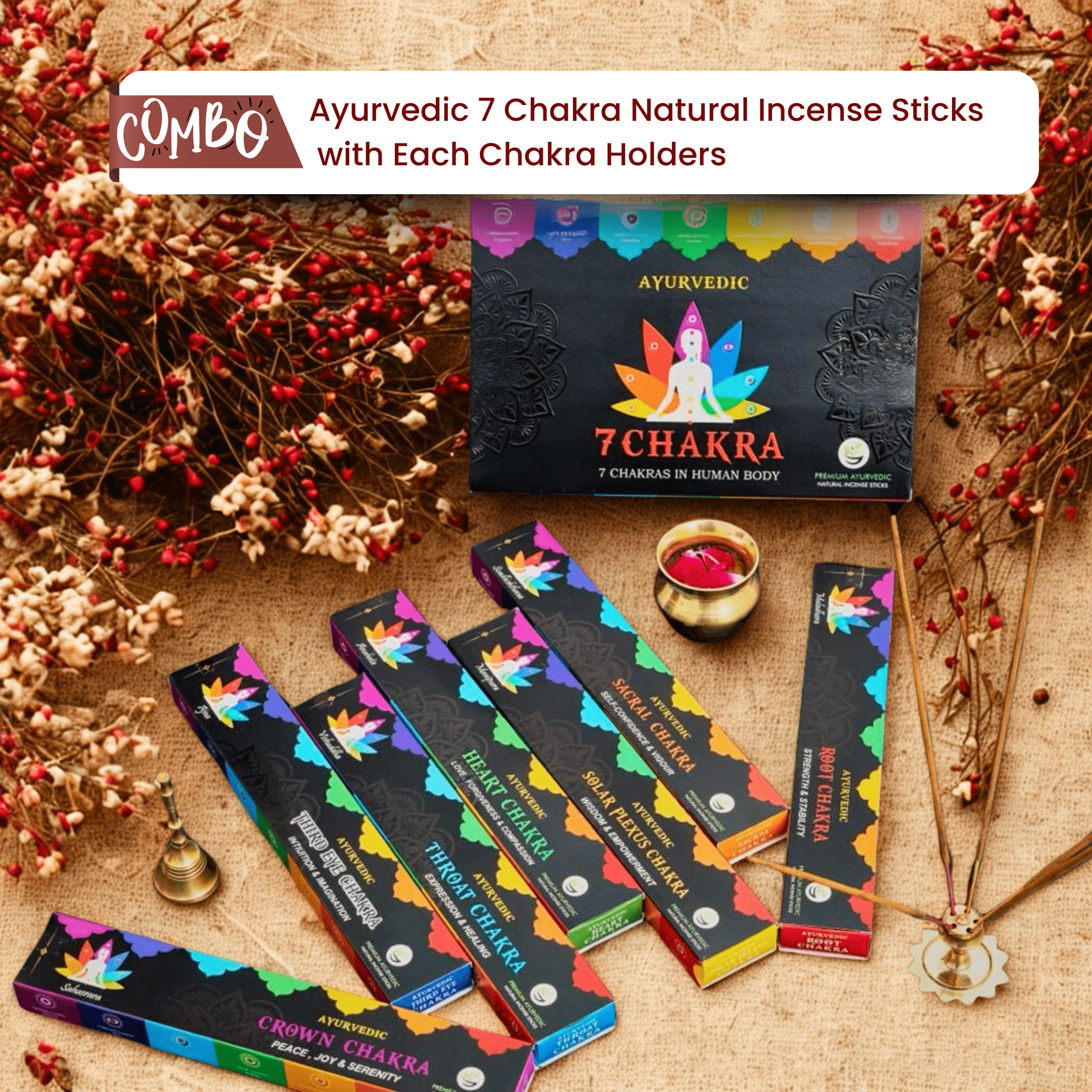 Ayurvedic 7 Chakra Natural Incense Sticks with Each Chakra Holders