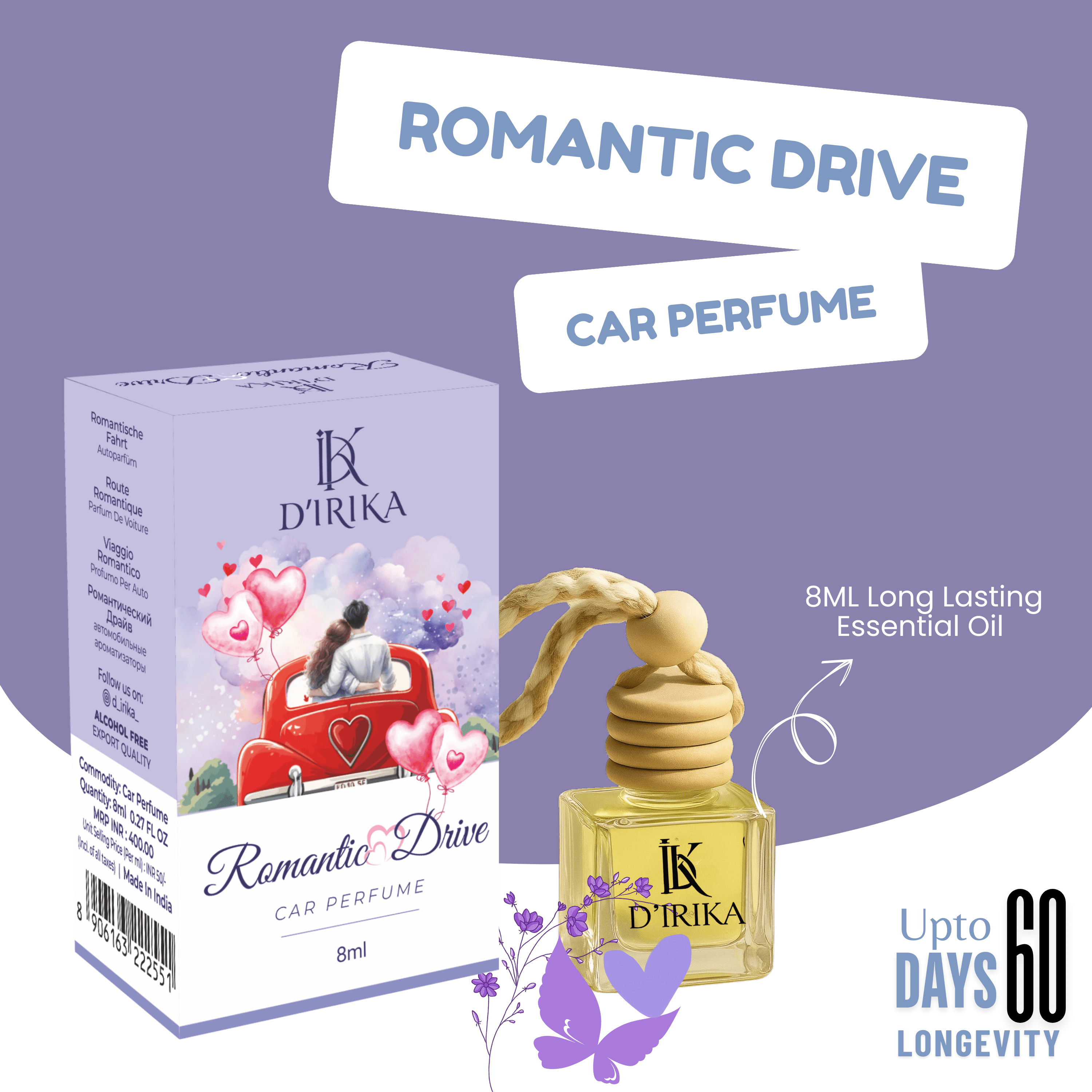 D’irika Romantic Drive Hanging Car Perfume – 8ML Long Lasting Essential Oil Freshener