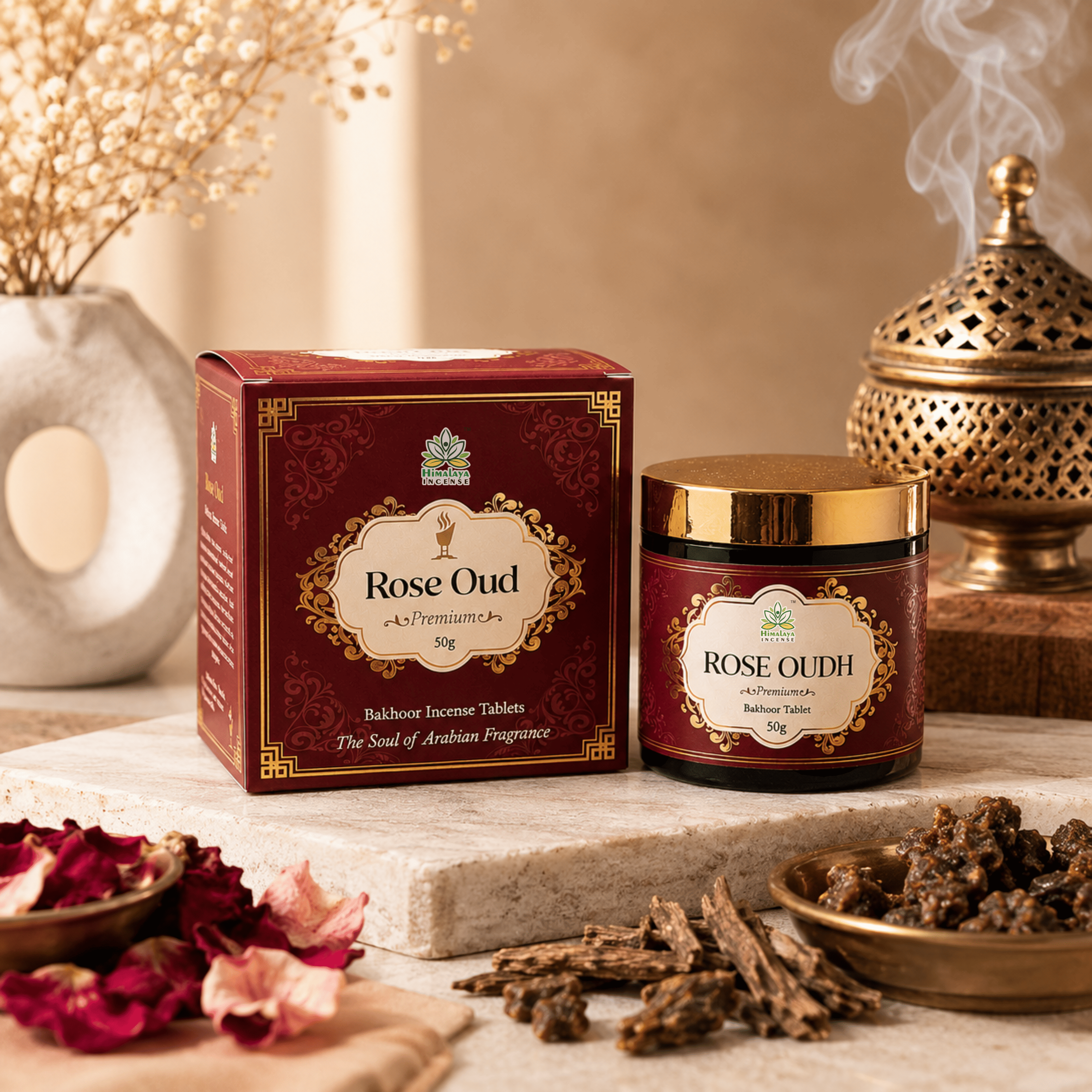 Rose Oudh Bakhoor Tablets ā Best Bakhoor in India | Premium Arabic Bakhoor | Long Lasting Rose Oudh Aroma | Luxury Bakhoor Incense for Home, Prayer & Meditation | Himalaya Incense 50g