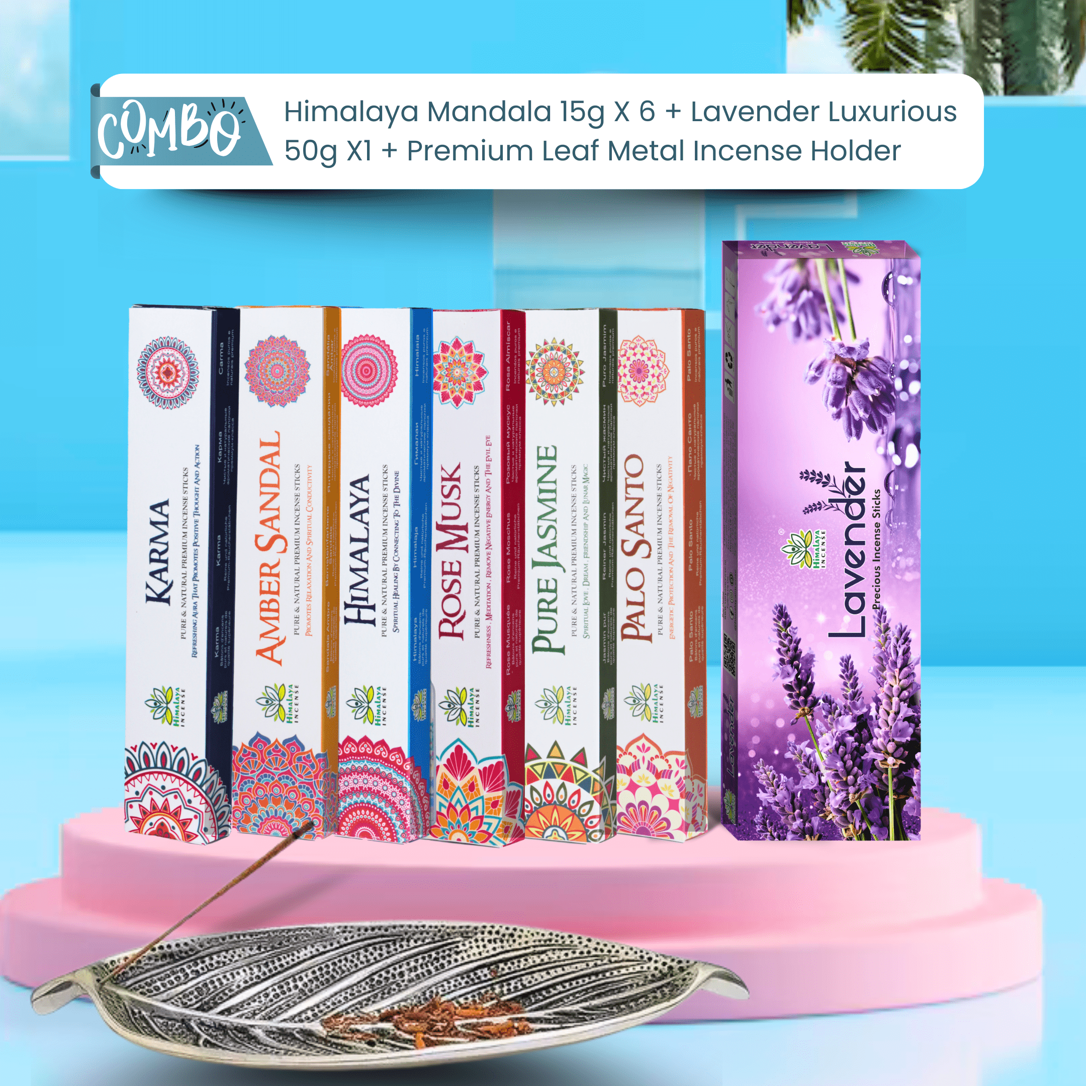 Himalaya Bliss Aroma Combo – 6 Premium Incense Packs + Lavender Dhoop + Designer Metal Leaf Holder