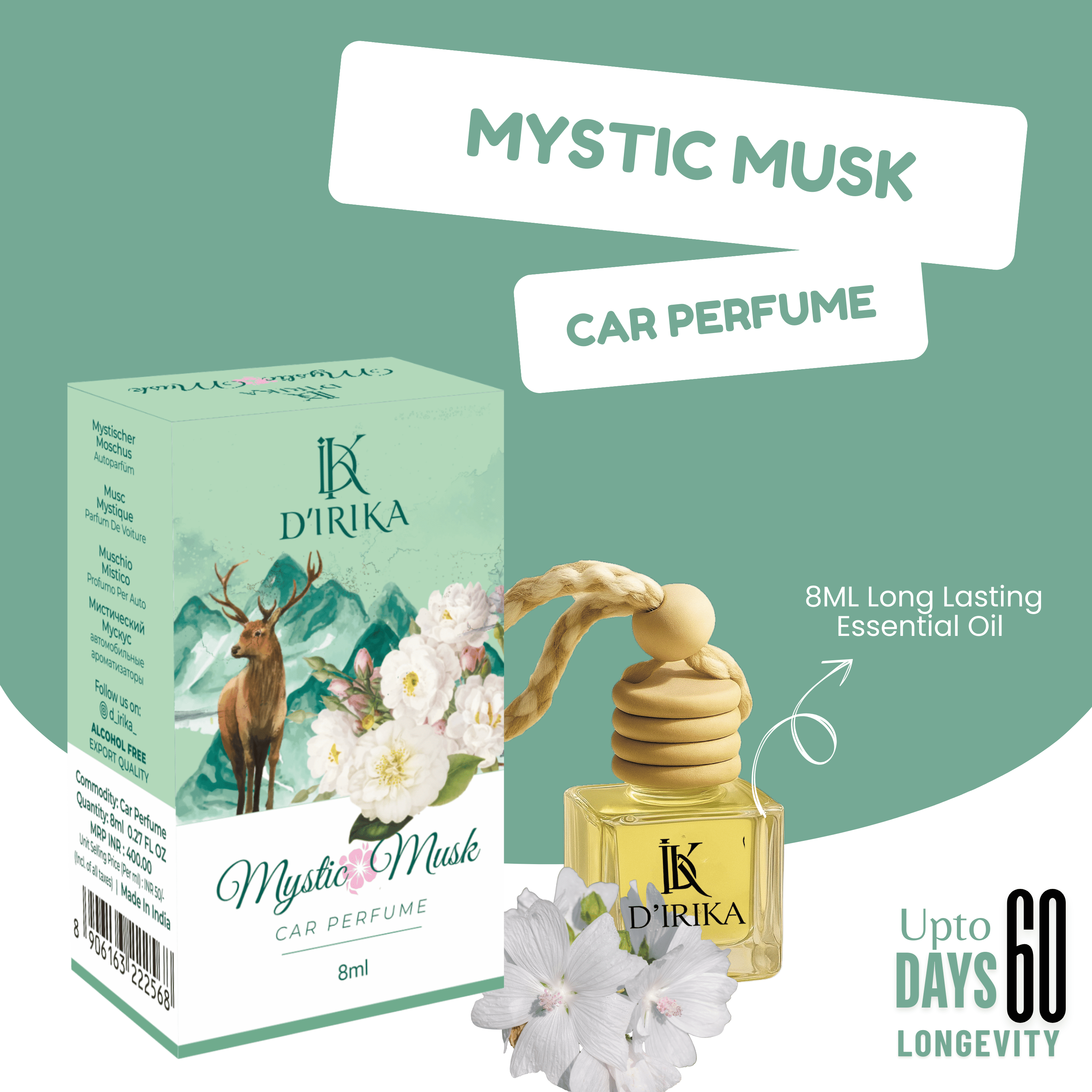 D’IRIKA Mystic Musk Hanging Car Perfume – 8ML Long Lasting Essential Oil Freshener