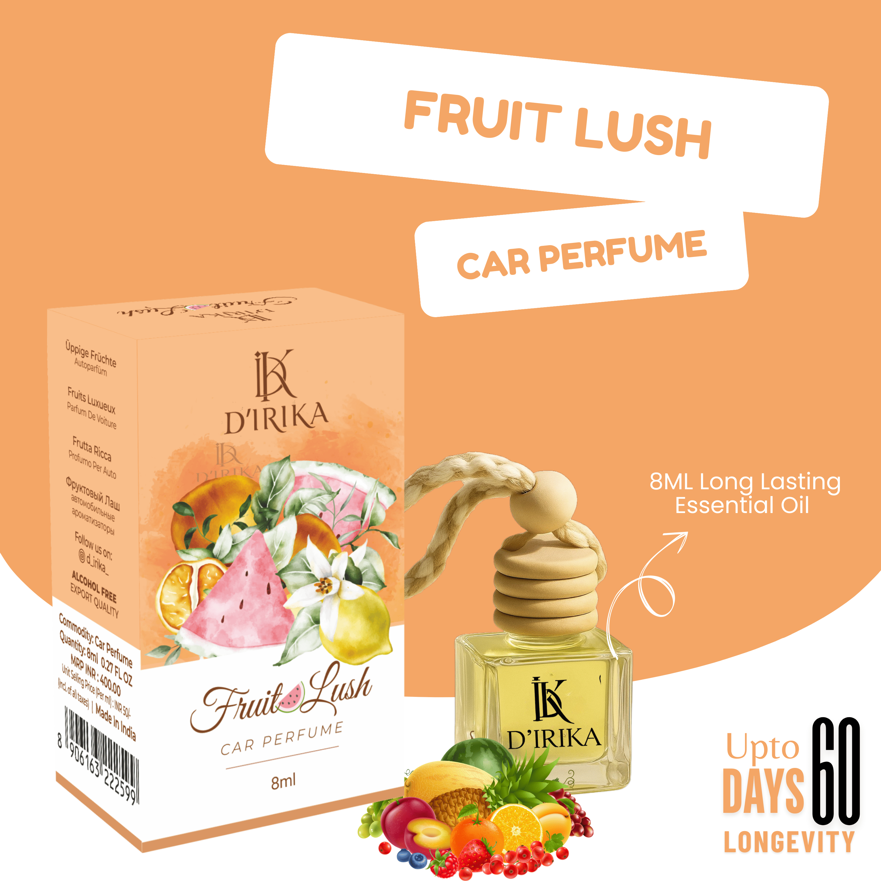 D’irika Fruit Lush Hanging Car Perfume – 8ML Long Lasting Essential Oil Freshener