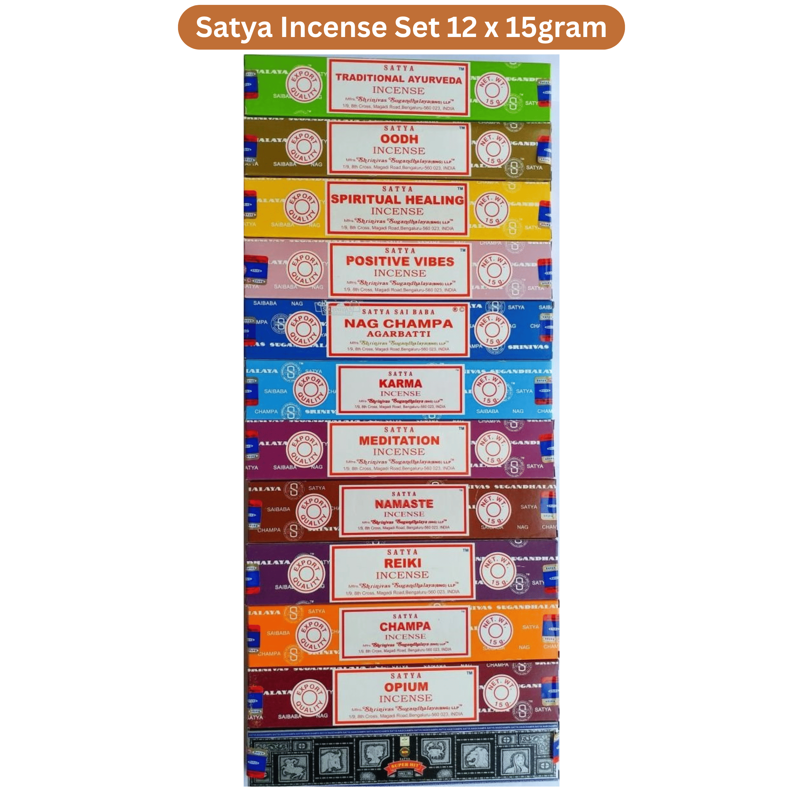 Satya Incense Sticks Combo Pack 12 x 15g – Nag Champa, Oudh, Super Hit, Meditation, Reiki, Opium & More | Premium Masala Agarbatti Set