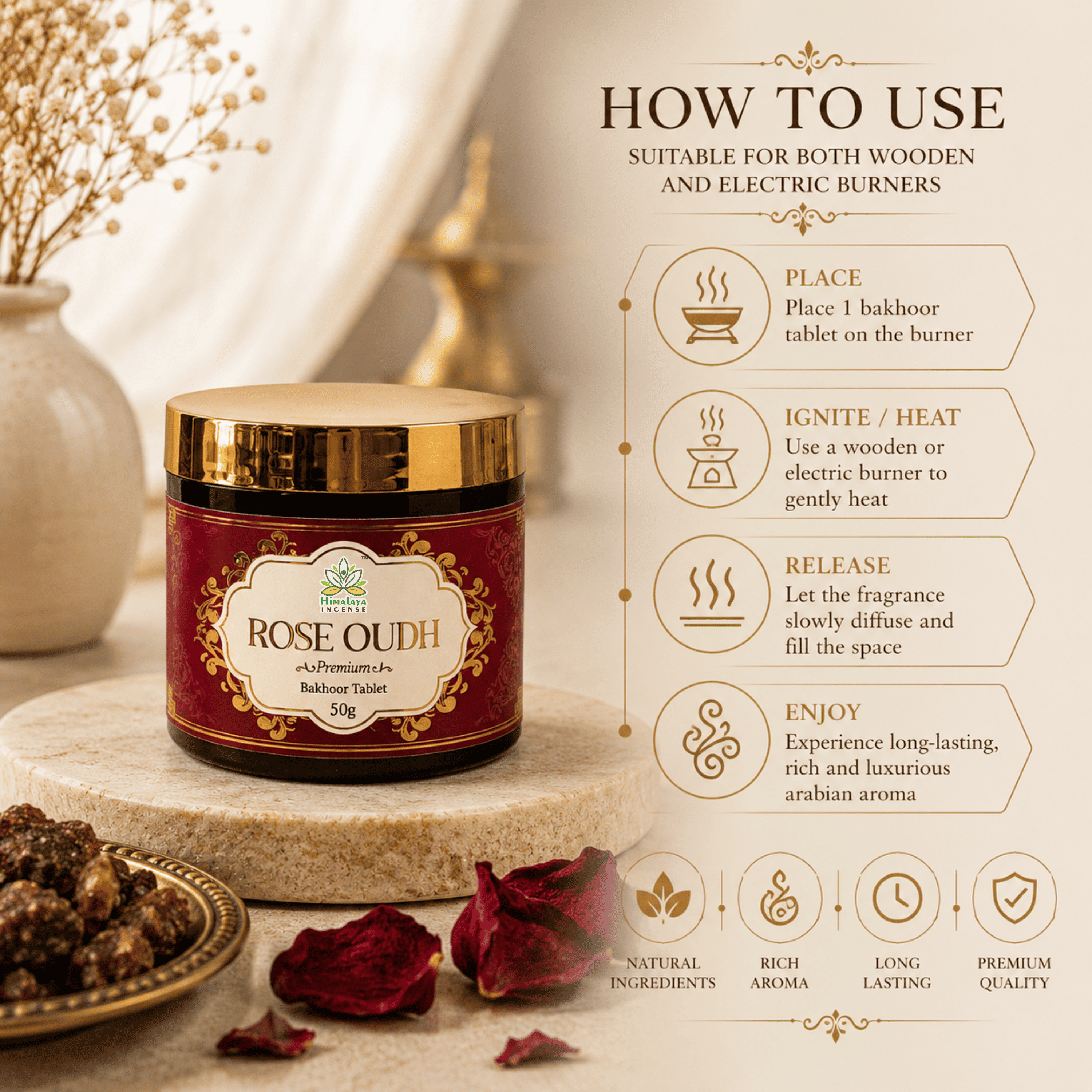 Rose Oudh Bakhoor Tablets ā Best Bakhoor in India | Premium Arabic Bakhoor | Long Lasting Rose Oudh Aroma | Luxury Bakhoor Incense for Home, Prayer & Meditation | Himalaya Incense 50g
