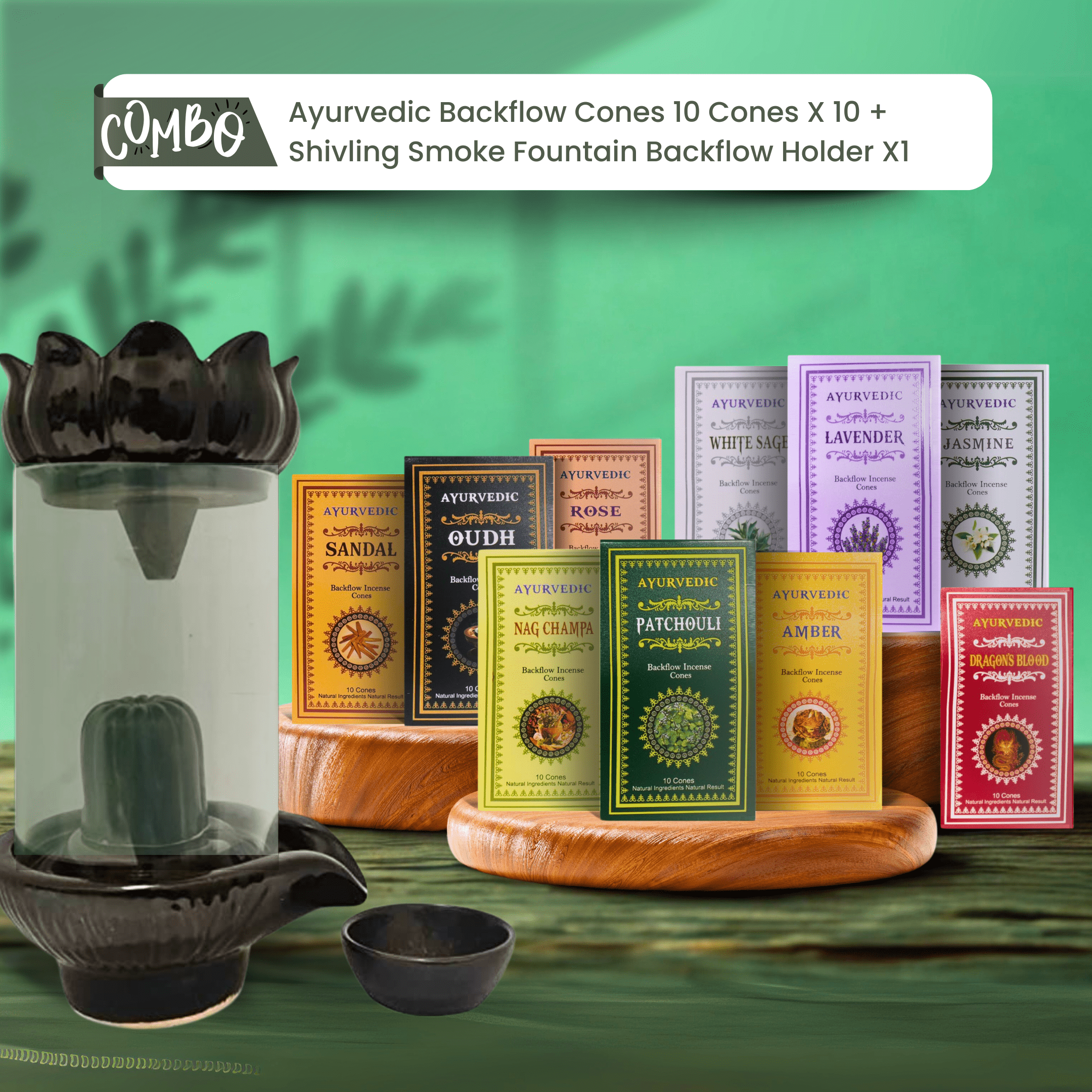 Shivling Smoke Fountain Backflow Incense Burner with Multi-Fragrance Cone Set