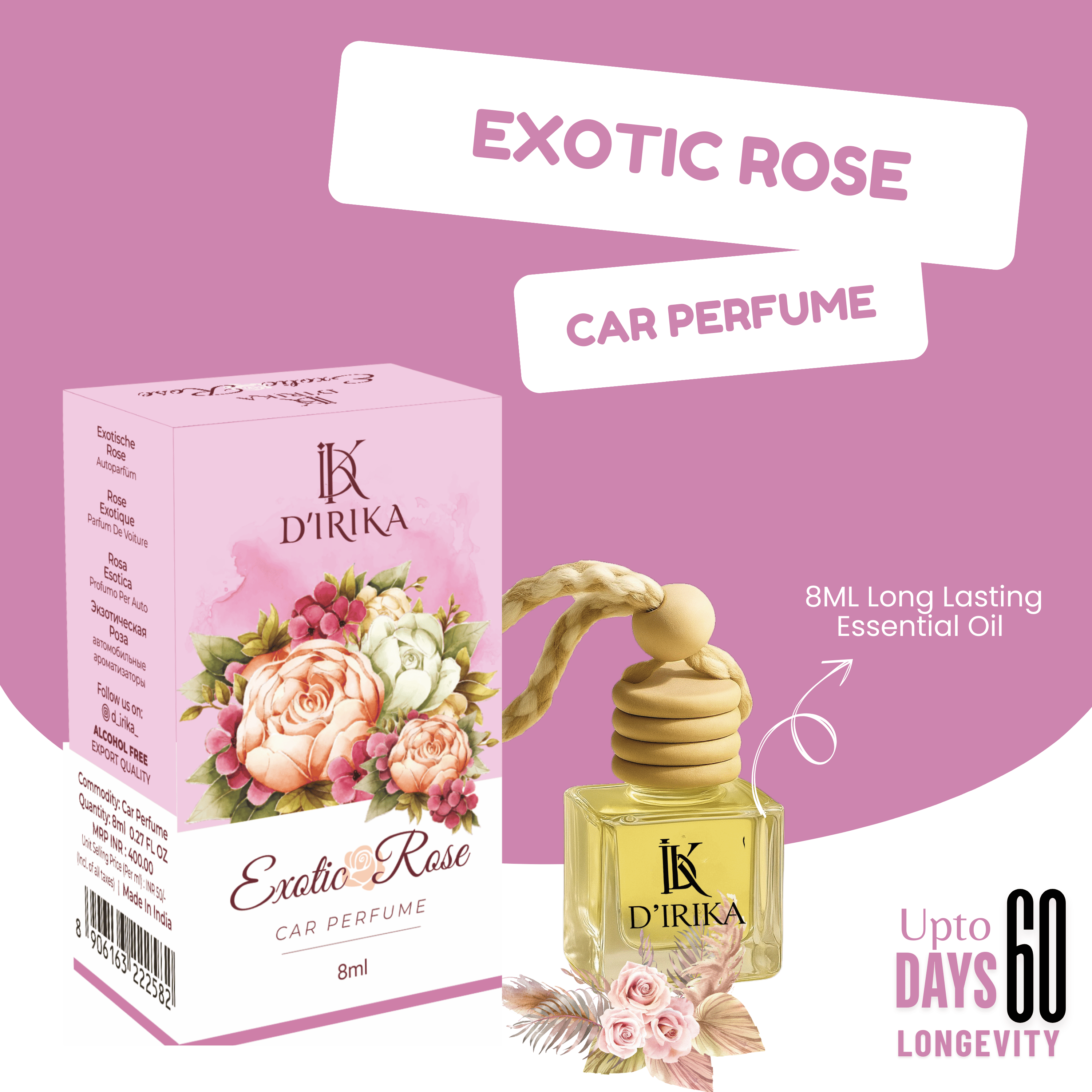 D’irika Exotic Rose Hanging Car Perfume – 8ML Long Lasting Essential Oil Freshener