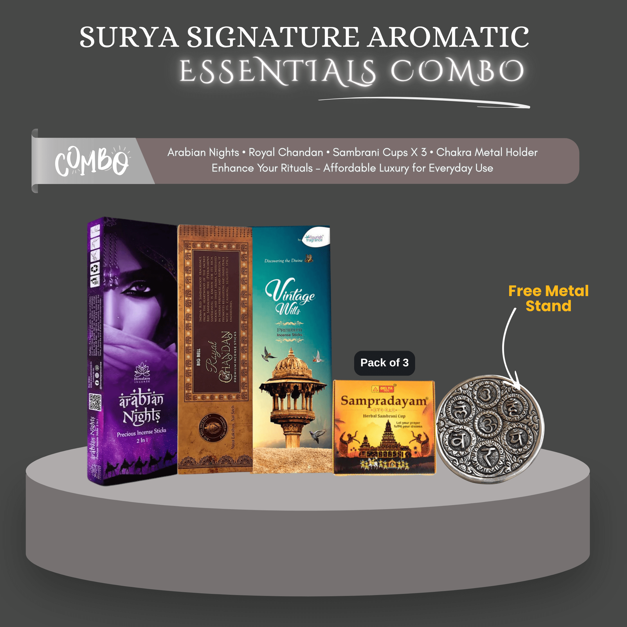 Surya Signature Aromatic Essentials Combo – Bestseller Incense & Free Metal Holder Set - Pack of 7