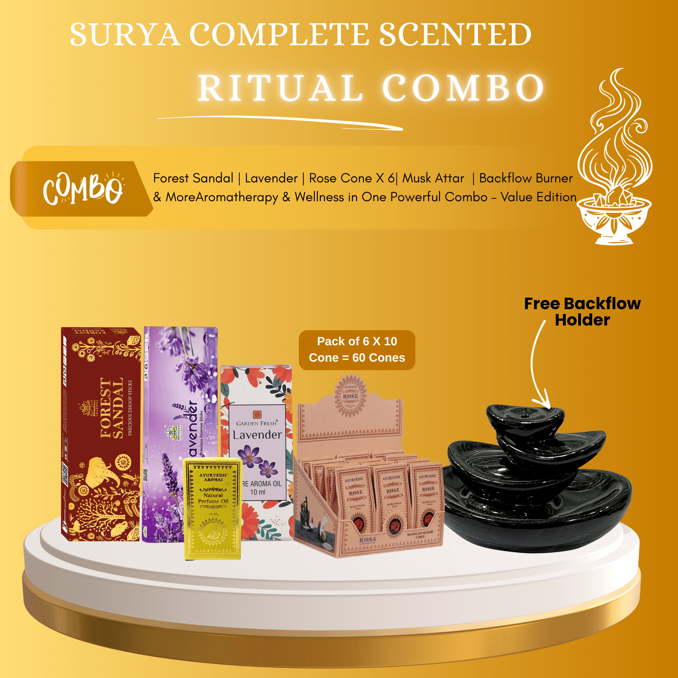 Surya Premium Complete Scented Ritual Combo – Dhoop, Backflow, Attar & Diffuser Essentials- Pack of 11