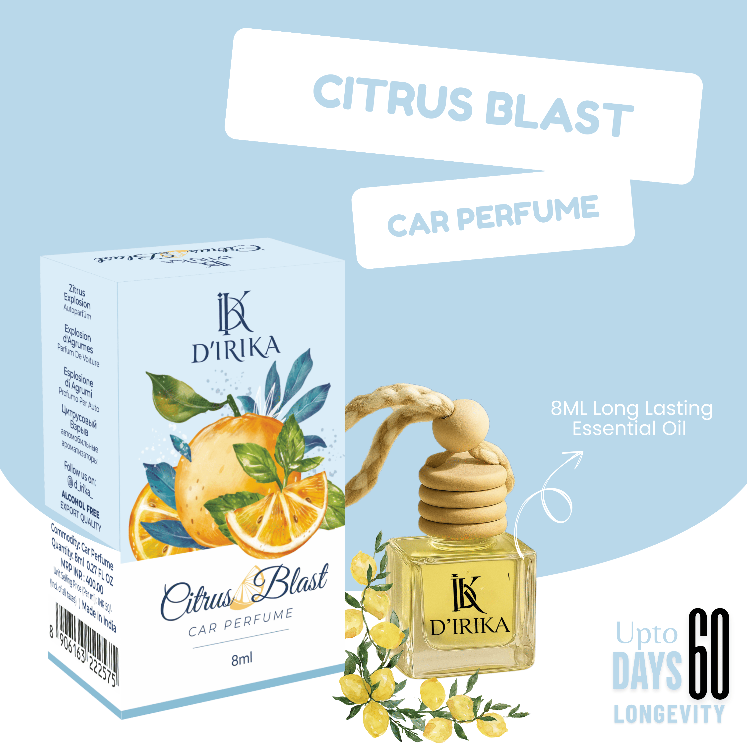 D’IRIKA Citrus Blast Hanging Car Perfume – 8ML Long Lasting Essential Oil Freshener