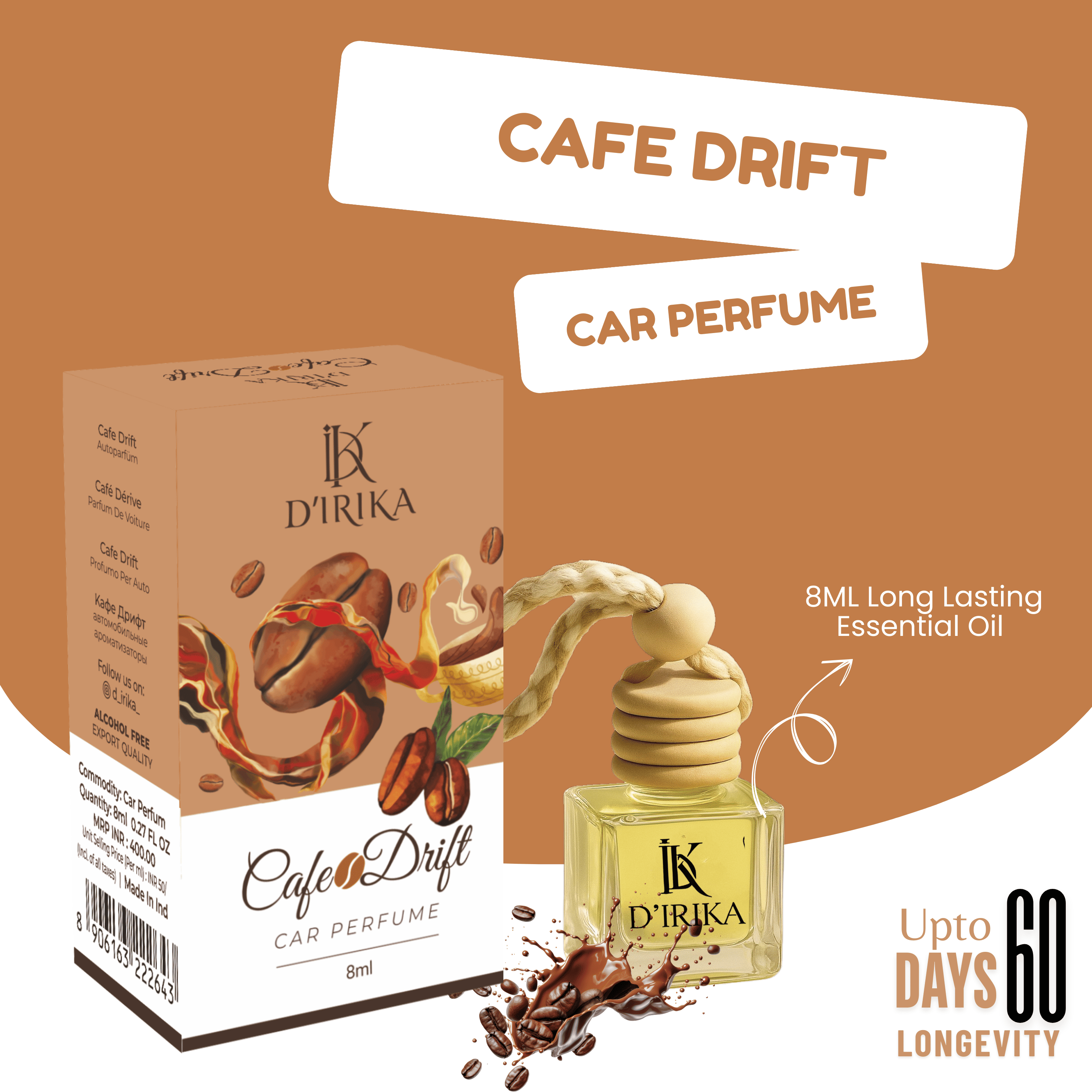 D’irika Cafe Drift Hanging Car Perfume – 8ML Long Lasting Essential Oil Freshener