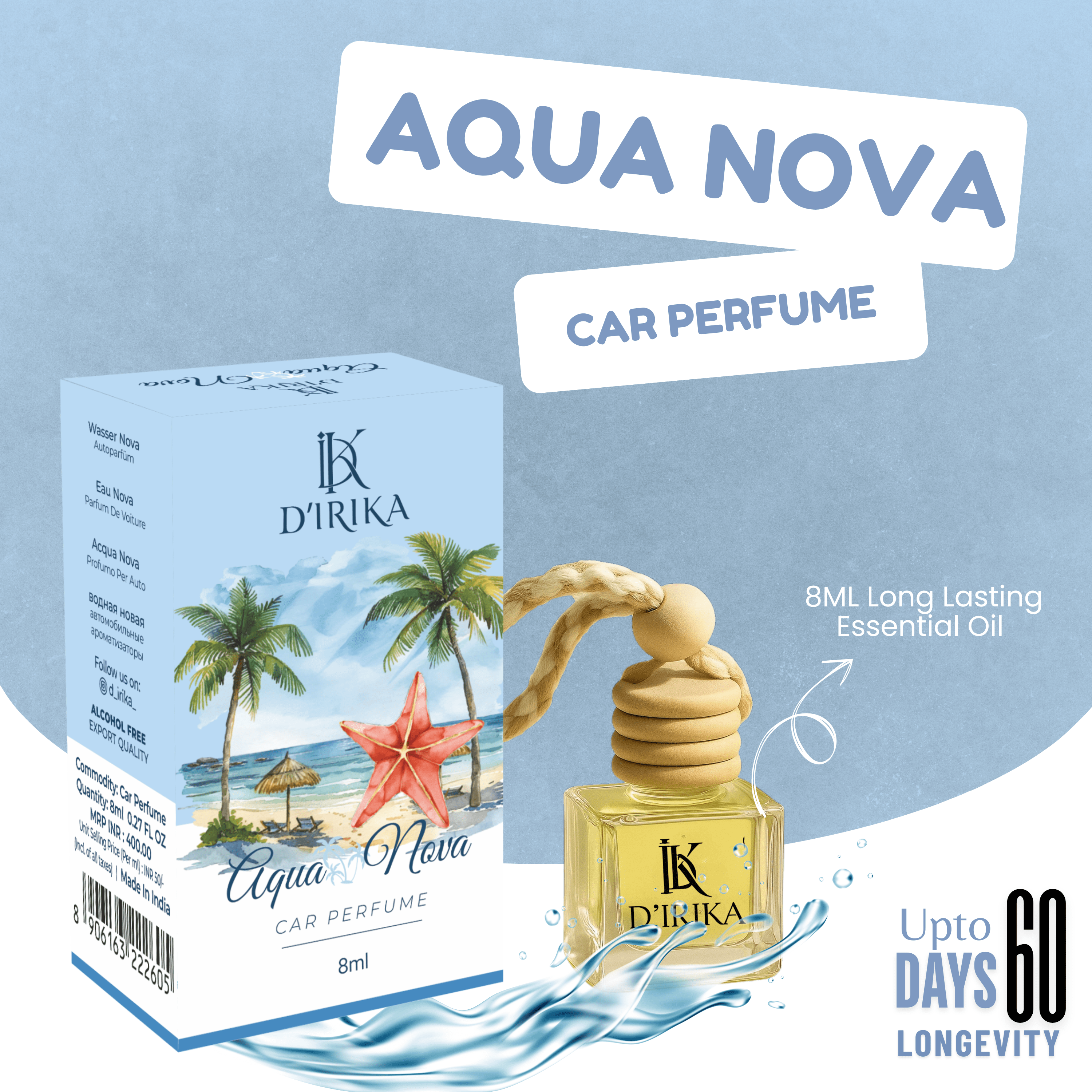 D’irika Aqua Nova Hanging Car Perfume – 8ML Long Lasting Essential Oil Freshener