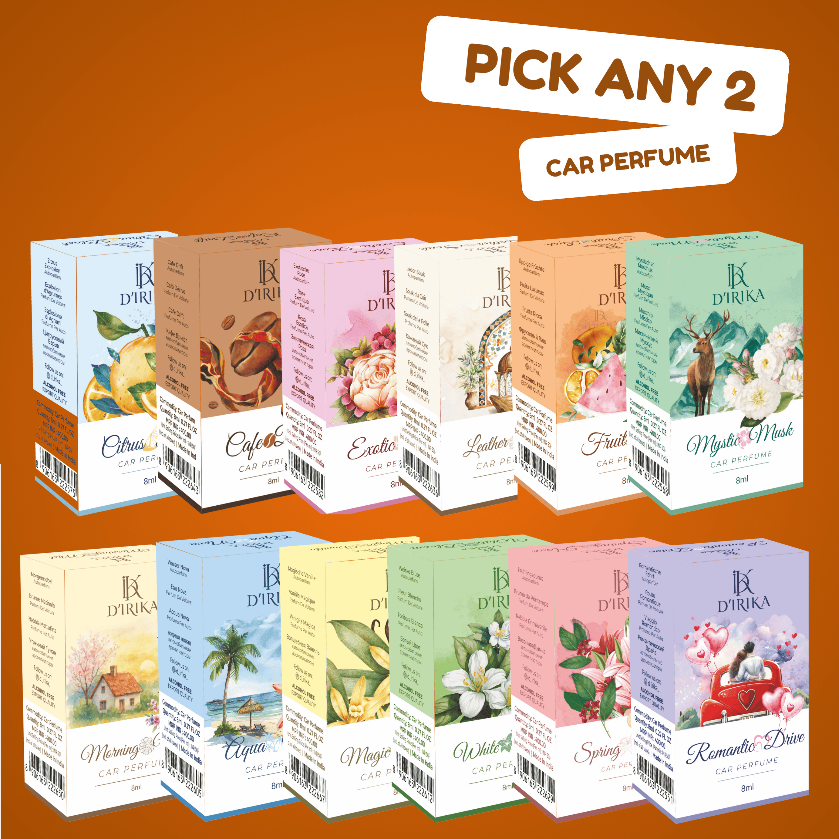 D’IRIKA Premium Hanging Car Perfumes | Long-Lasting Luxury Fragrances for Every Drive - Pick Any 2