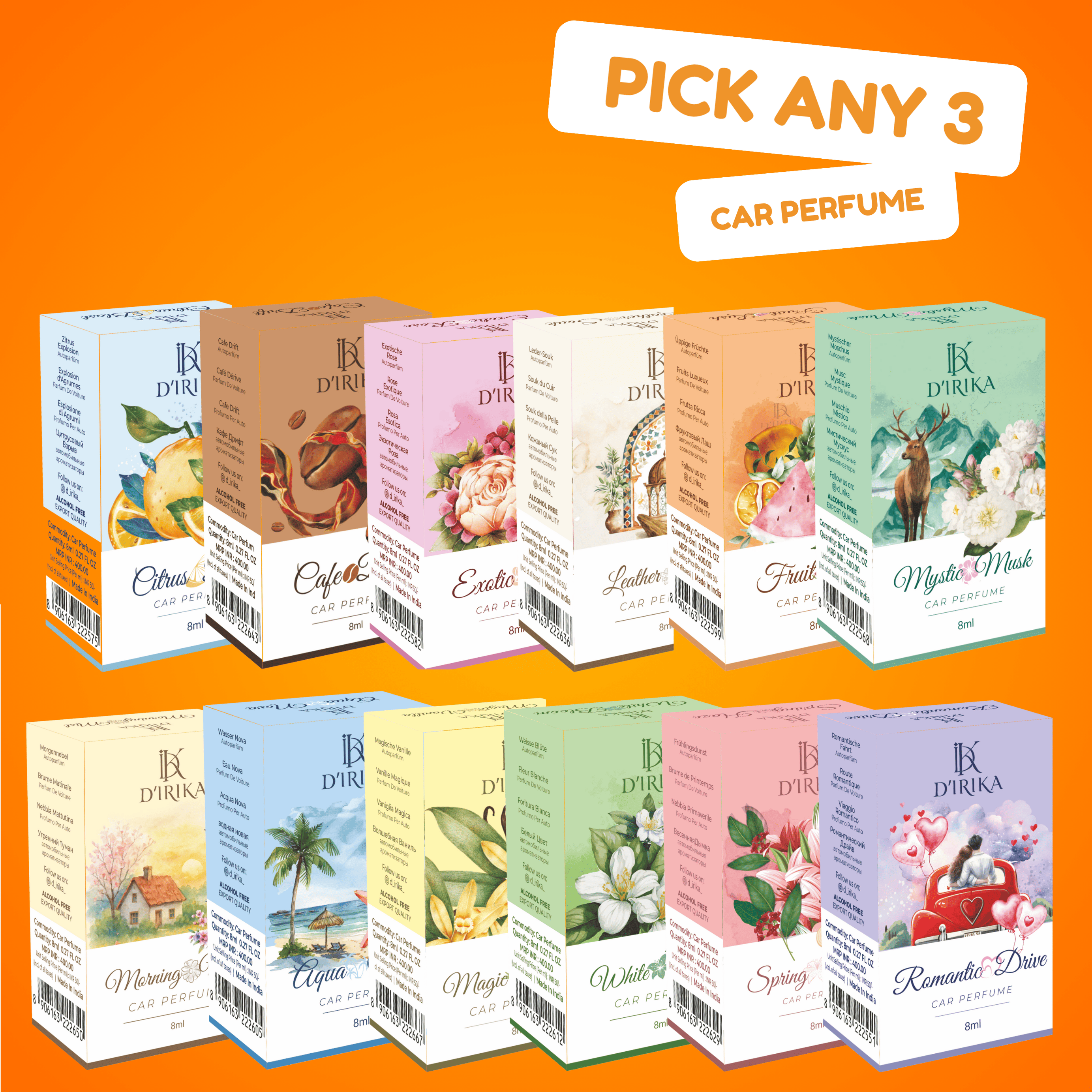 D’IRIKA Premium Hanging Car Perfumes | Long-Lasting Luxury Fragrances for Every Drive - Pick Any 3