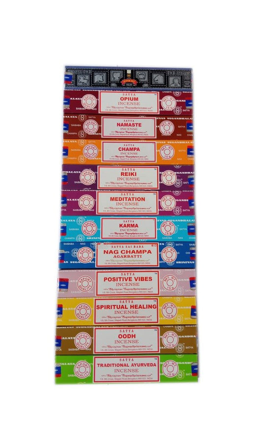 Satya Incense Sticks Combo Pack 12 x 15g – Nag Champa, Oudh, Super Hit, Meditation, Reiki, Opium & More | Premium Masala Agarbatti Set