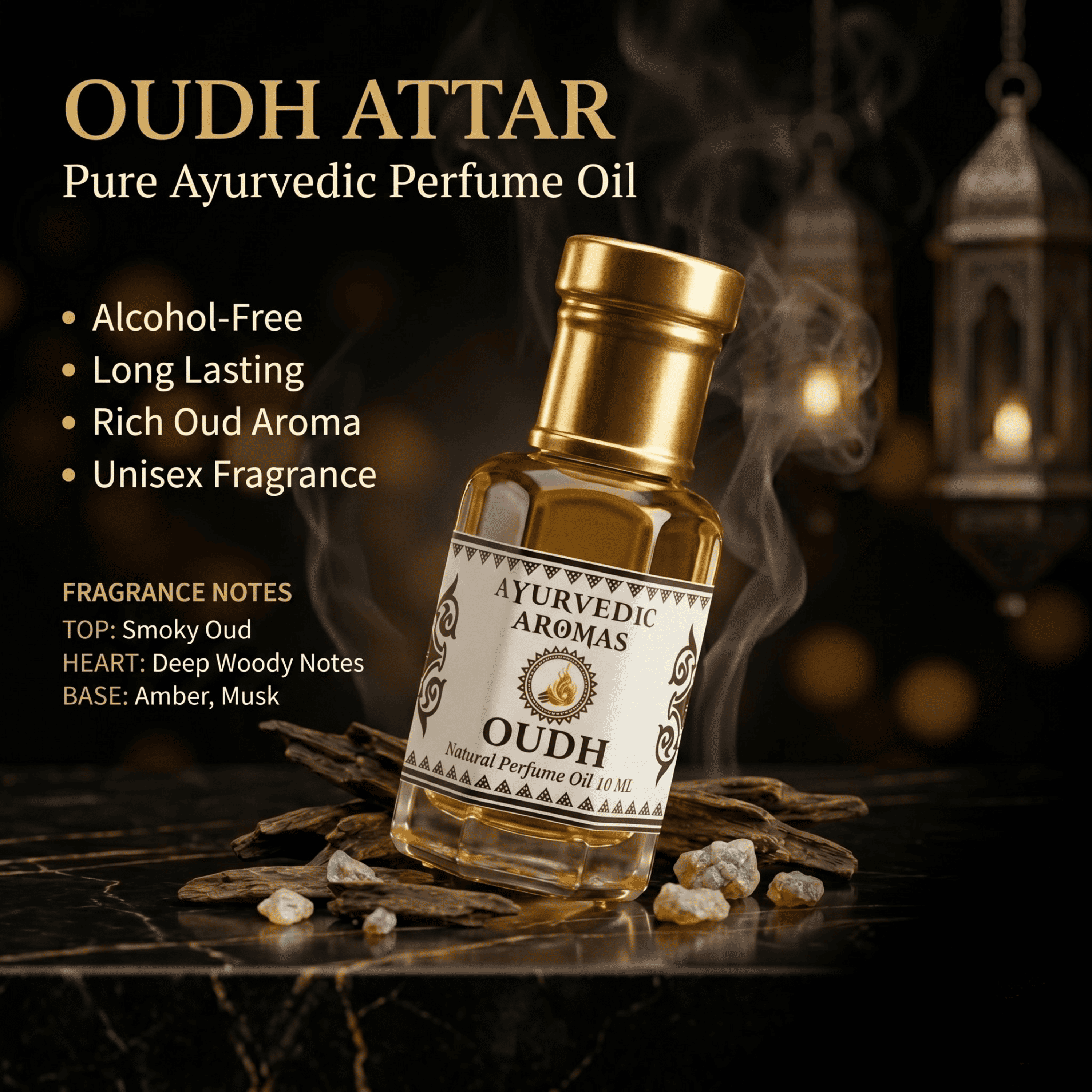 Ayurvedic Oudh Attar – Premium Alcohol-Free Oud Perfume Oil, Deep Woody Luxury Fragrance, Long Lasting Attar for Men & Women – 10ml