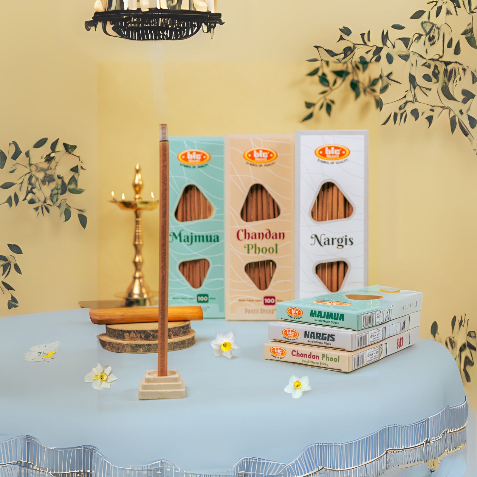 BIC Brand Premium Pencil Dhoop (Chandan Phool, Nargis, Majmua) – Long-Lasting 100 Min Burn Time – Pack of 3