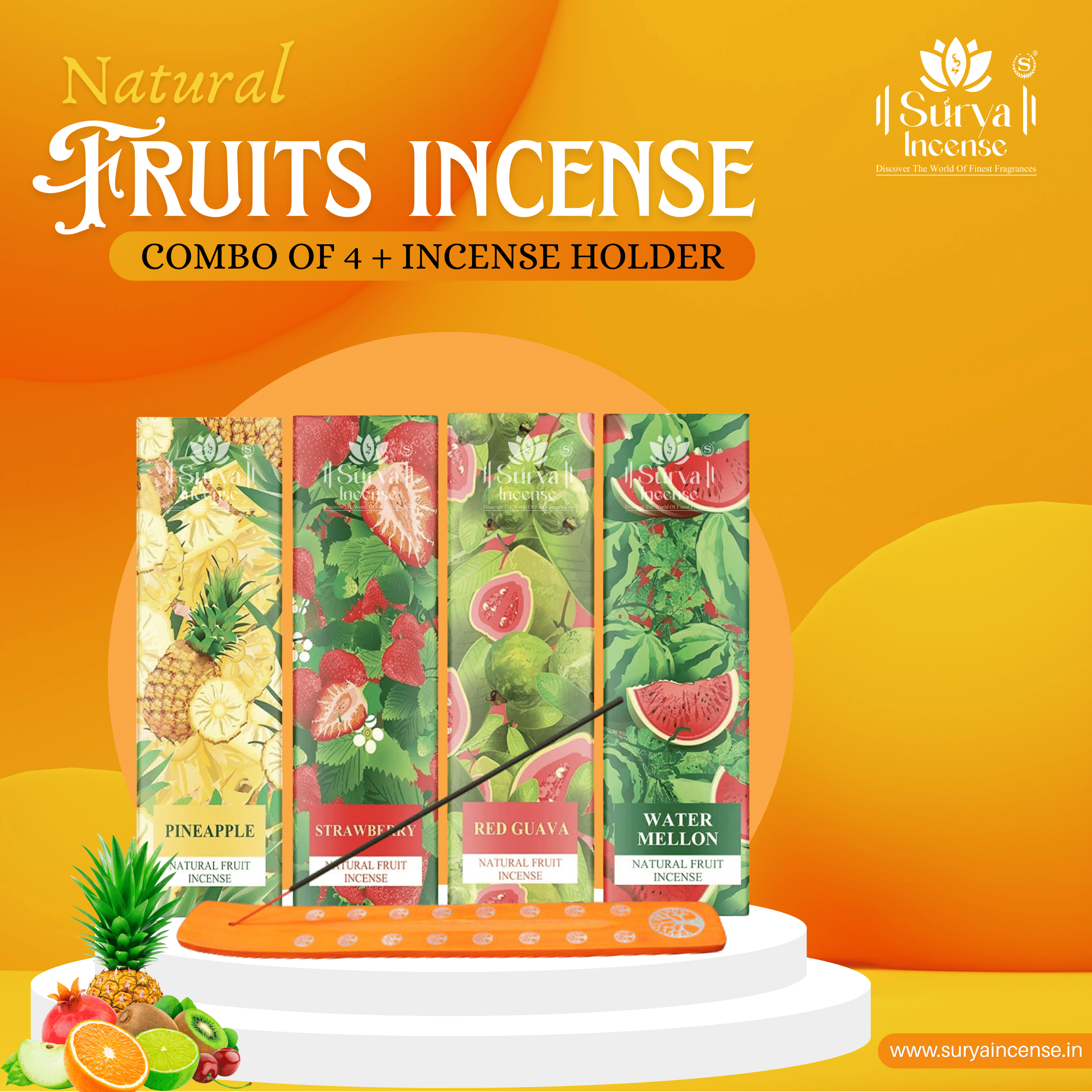 Surya Incense Natural Fruit Combo Pack of 4  - 100g Each + Incense Sticks Holder