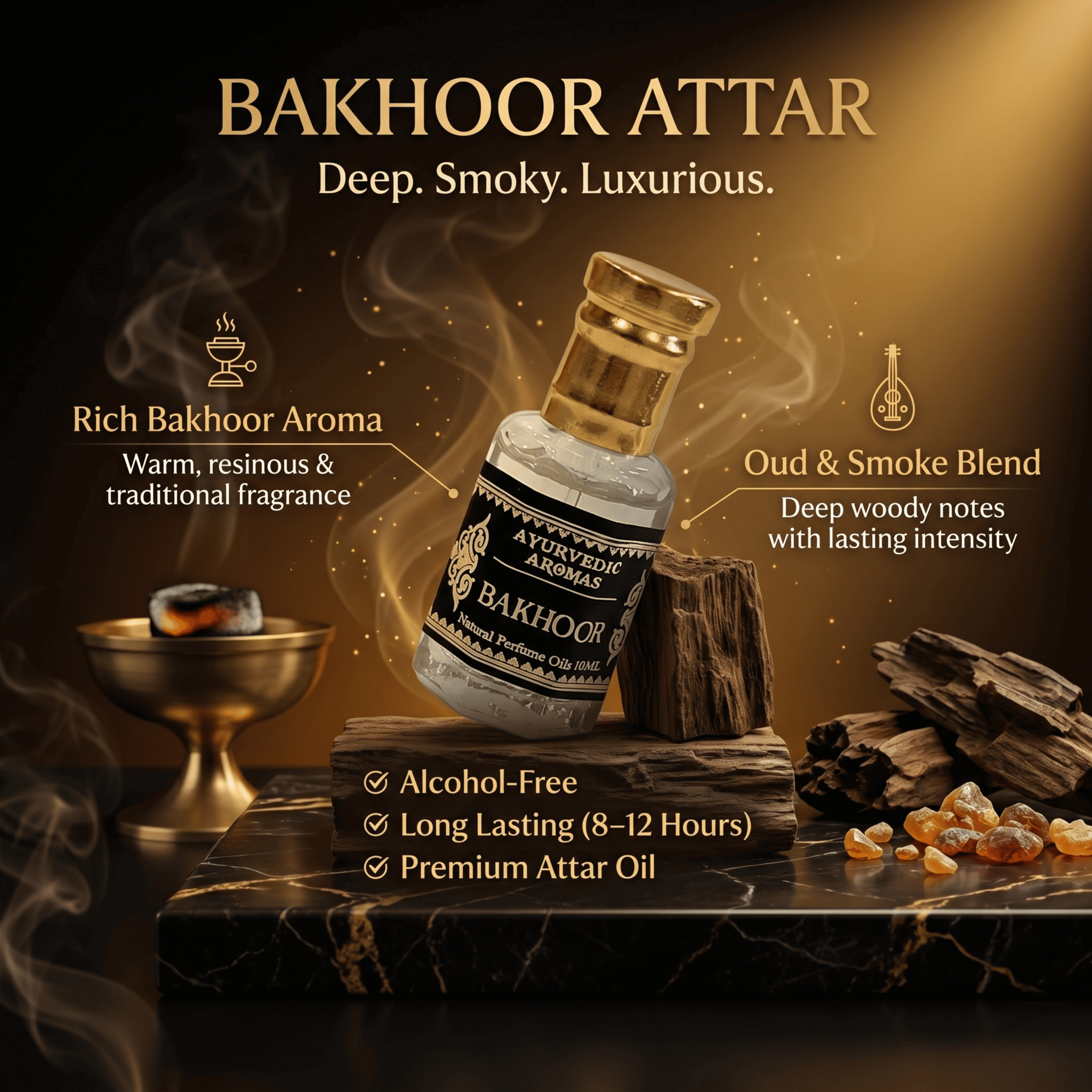 Ayurvedic Bakhoor Attar – Premium Alcohol-Free Perfume Oil, Long Lasting Smoky Oud & Incense Fragrance with Amber, Musk & Sandalwood for Men & Women – 10ml