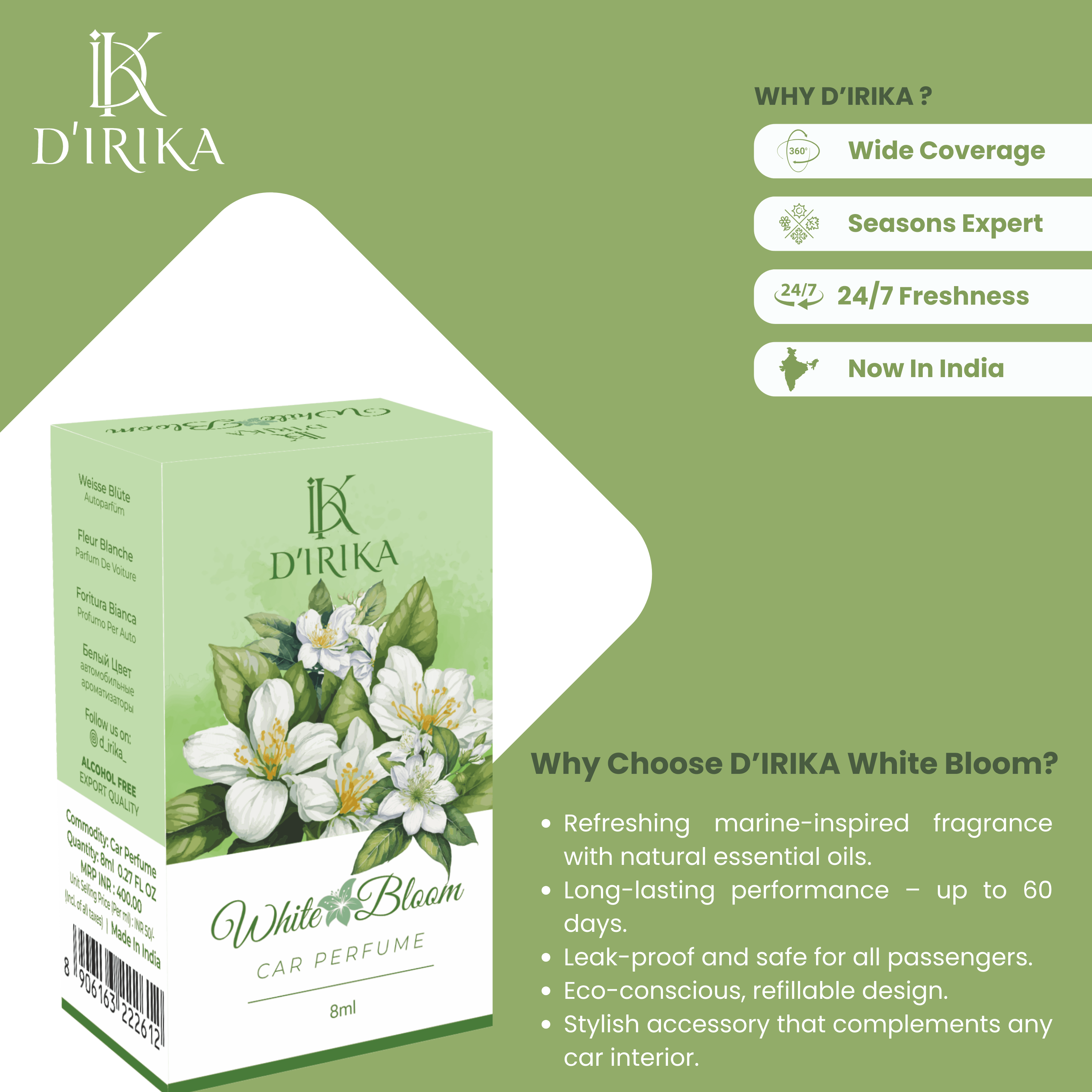 D’irika White Bloom Hanging Car Perfume – 8ML Long Lasting Essential Oil Freshener