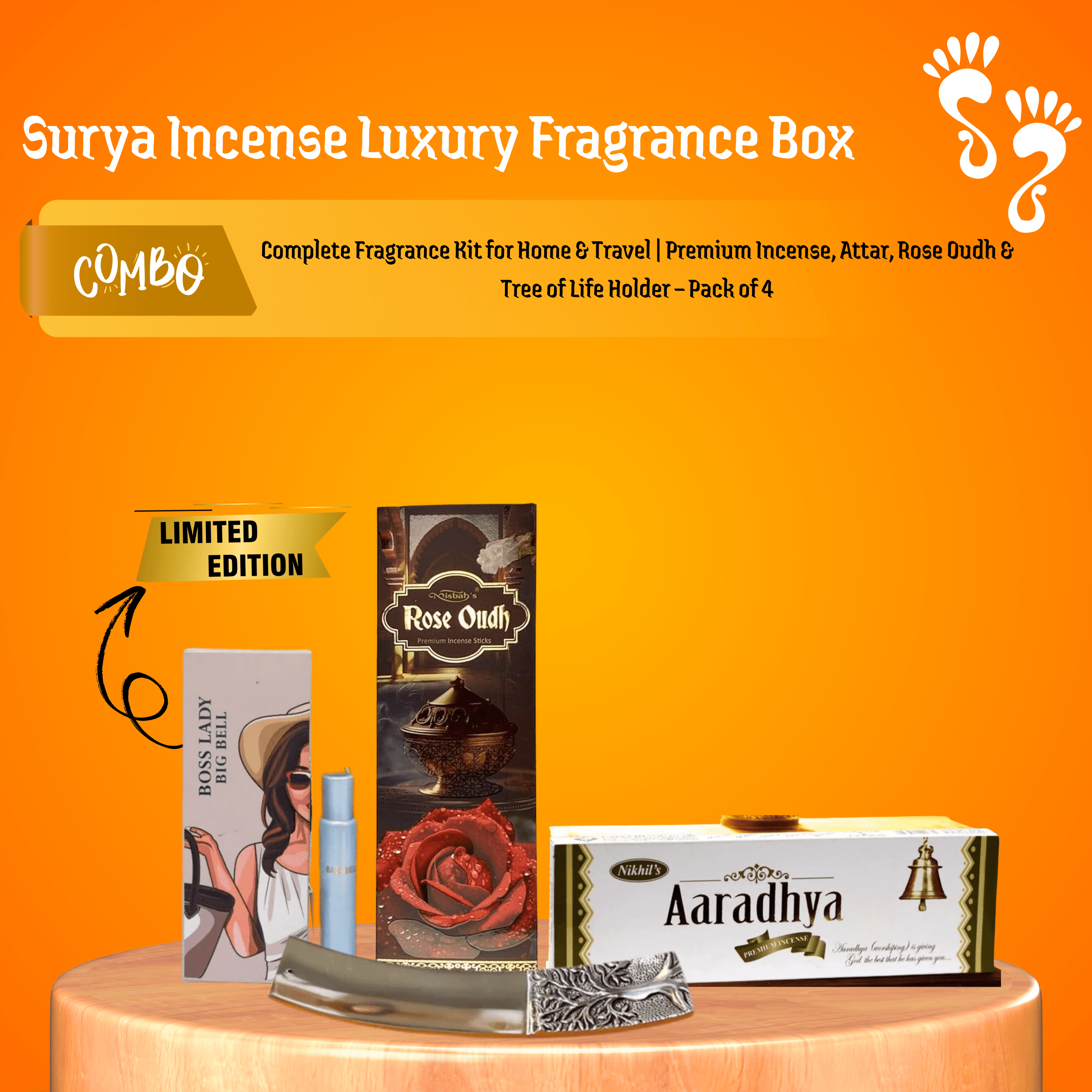 Surya Incense Signature Aroma Elegance – Complete Luxury Fragrance Kit for Home & Travel (Premium Fragrance Box | Pack of 4)