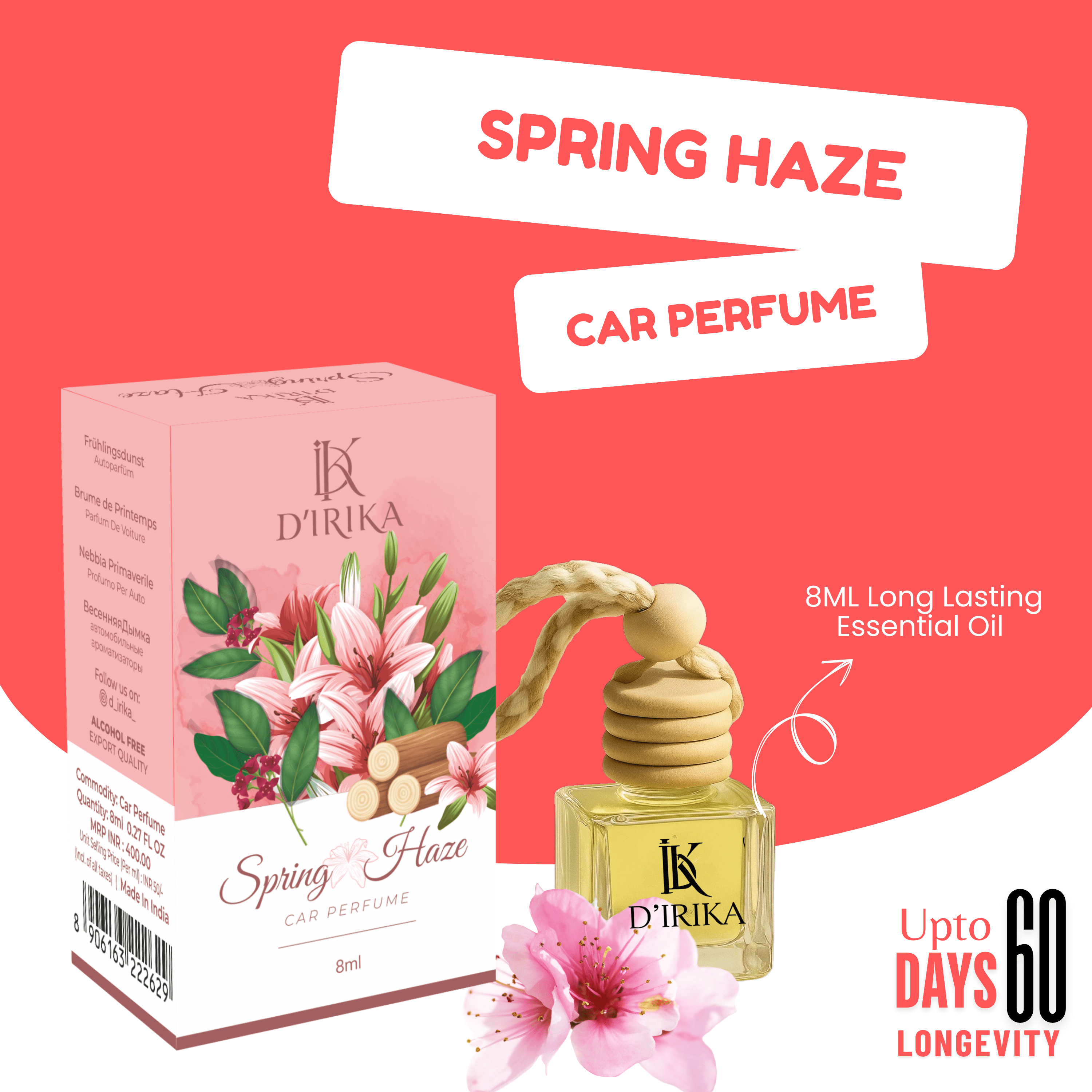 D’irika Spring Haze Hanging Car Perfume – 8ML Long Lasting Essential Oil Freshener
