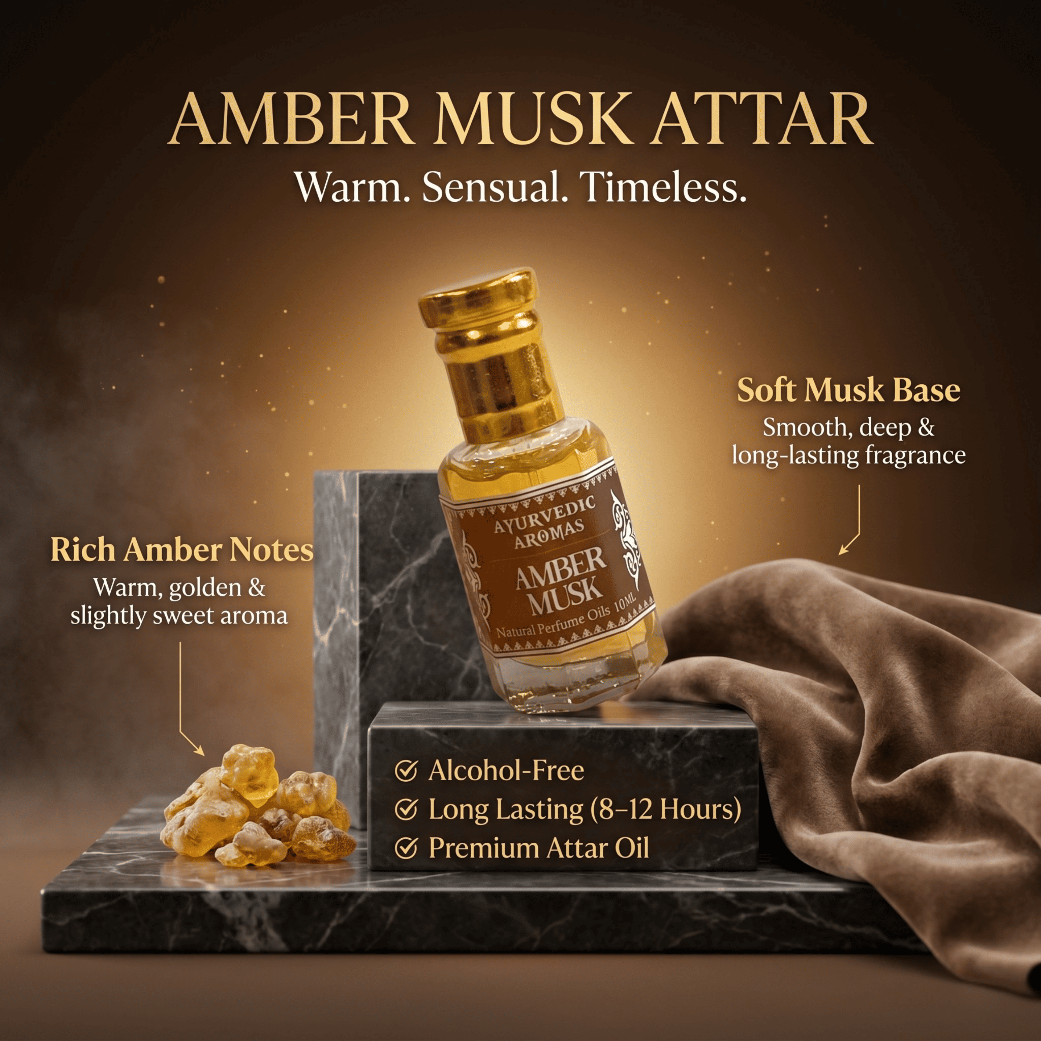Ayurvedic Amber Musk Attar – Premium Alcohol-Free Perfume Oil, Long Lasting Warm Amber Fragrance with Musk & Resin Notes for Men & Women – 10ml