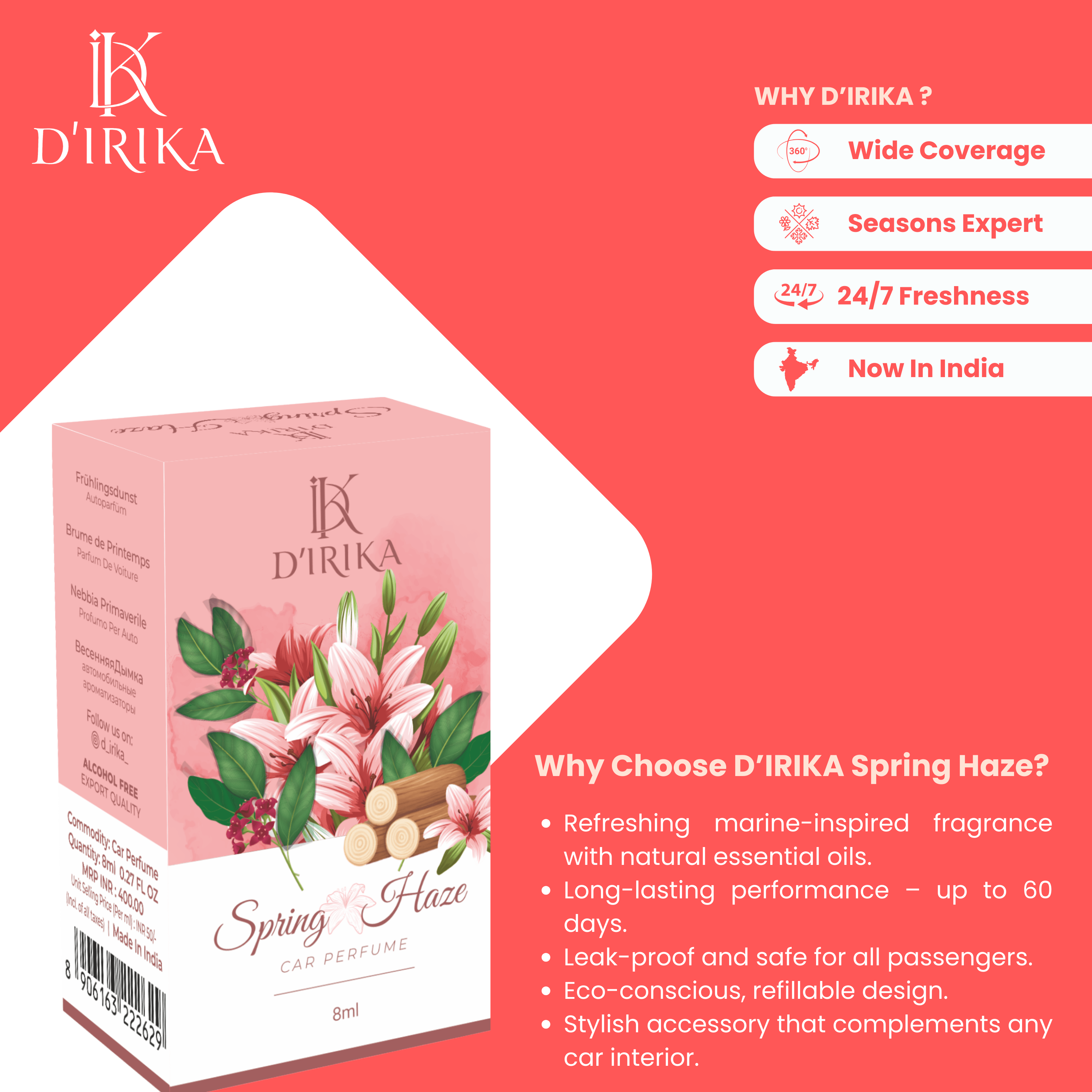 D’irika Spring Haze Hanging Car Perfume – 8ML Long Lasting Essential Oil Freshener