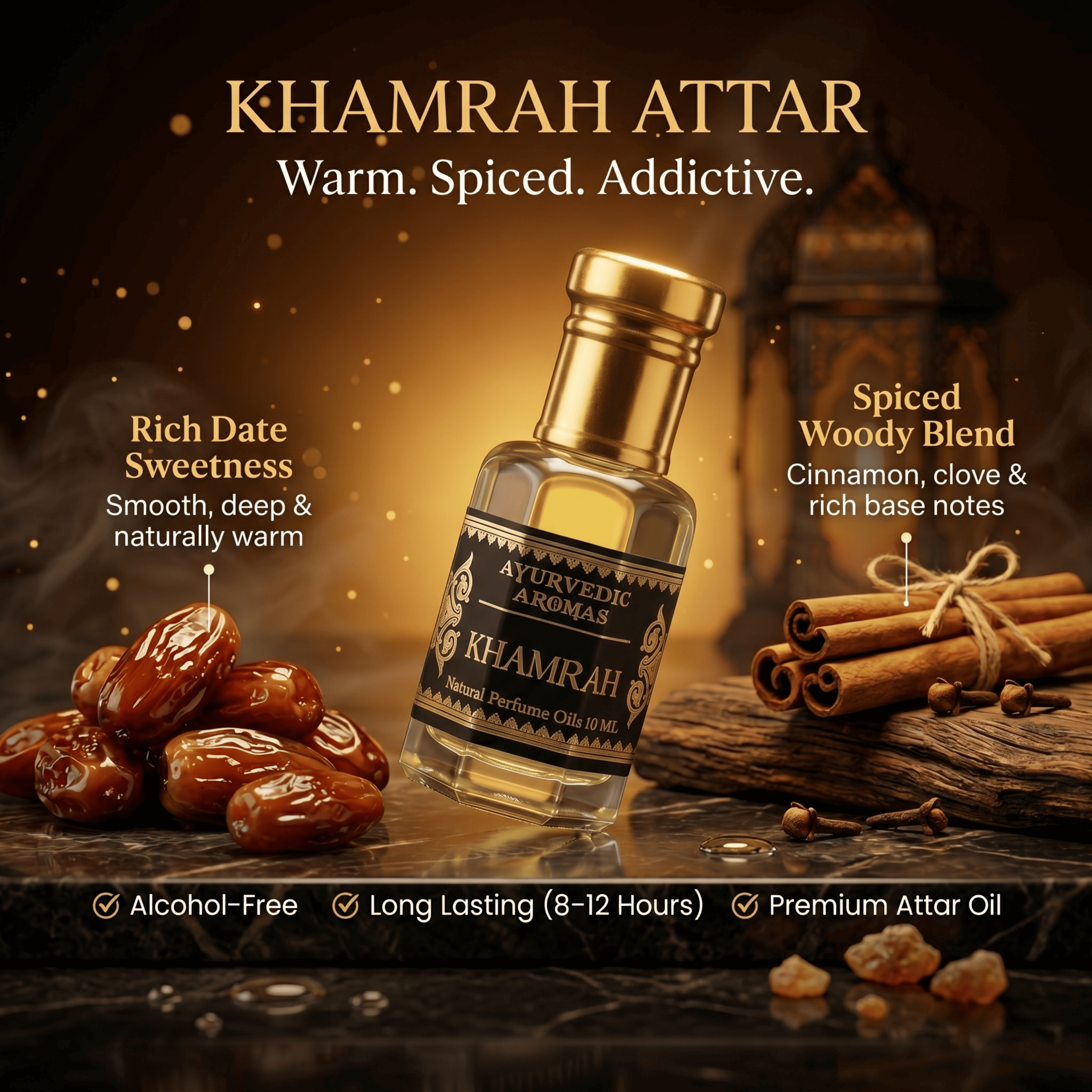 Ayurvedic Khamrah Attar – Premium Alcohol-Free Perfume Oil, Long Lasting Sweet Spicy Gourmand Fragrance with Vanilla, Dates & Oud for Men & Women – 10ml