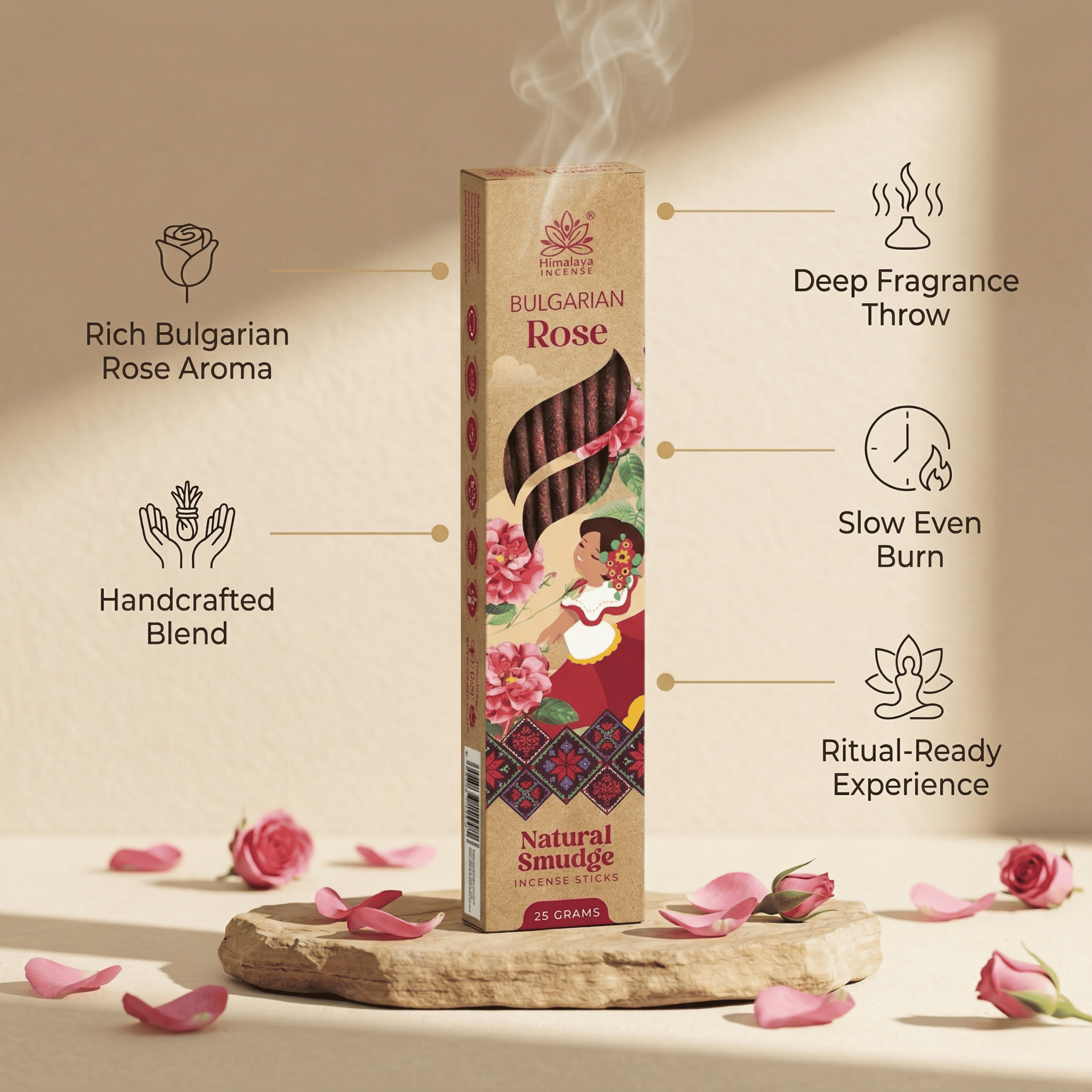 Bulgarian Rose Smudge Incense Sticks – Premium Natural Floral Incense, Long Lasting Luxury Aroma for Home Fragrance - 25G / Box