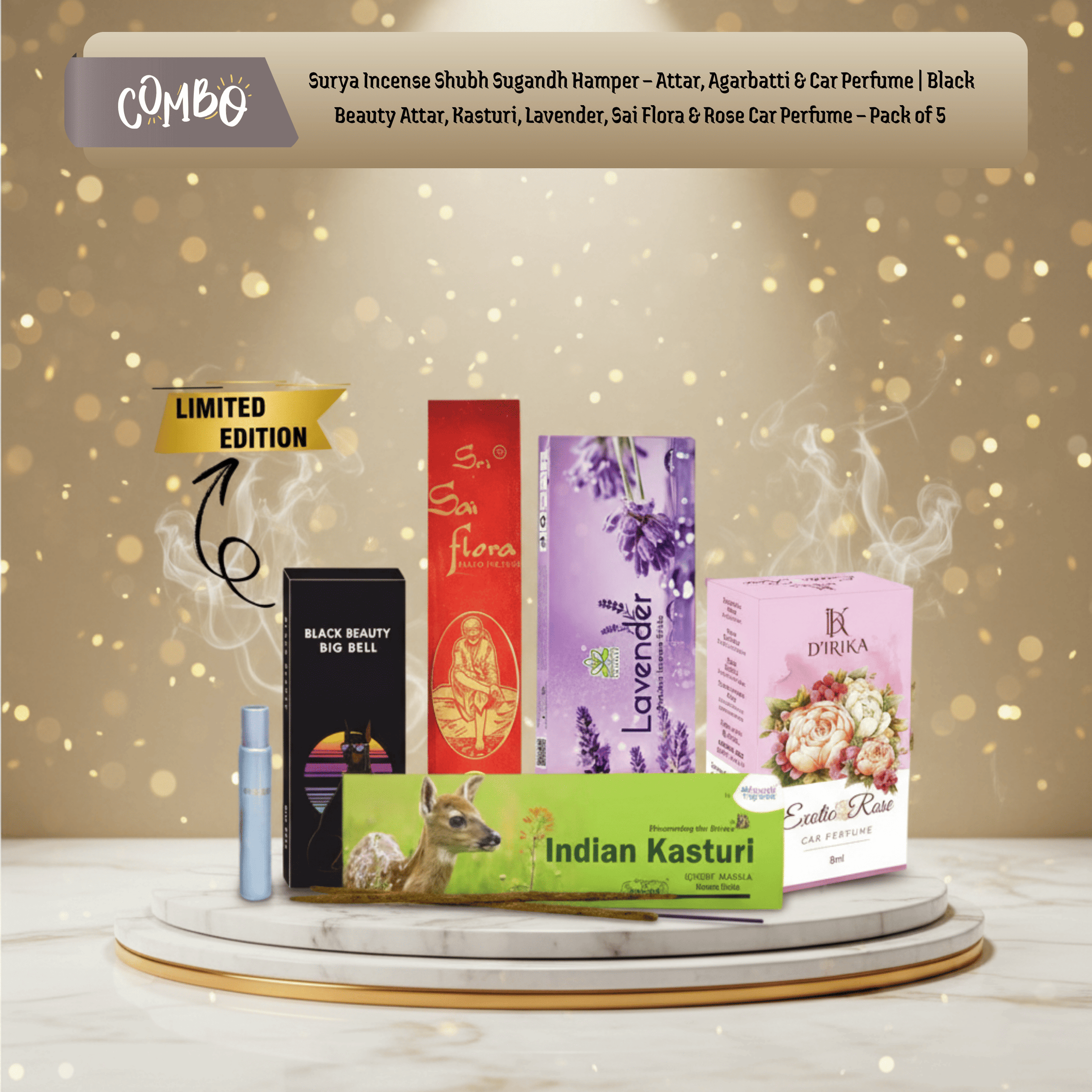 Shubh Sugandh Hamper – Attar, Luxury Agarbatti & Rose Car Perfume - Pack of 5