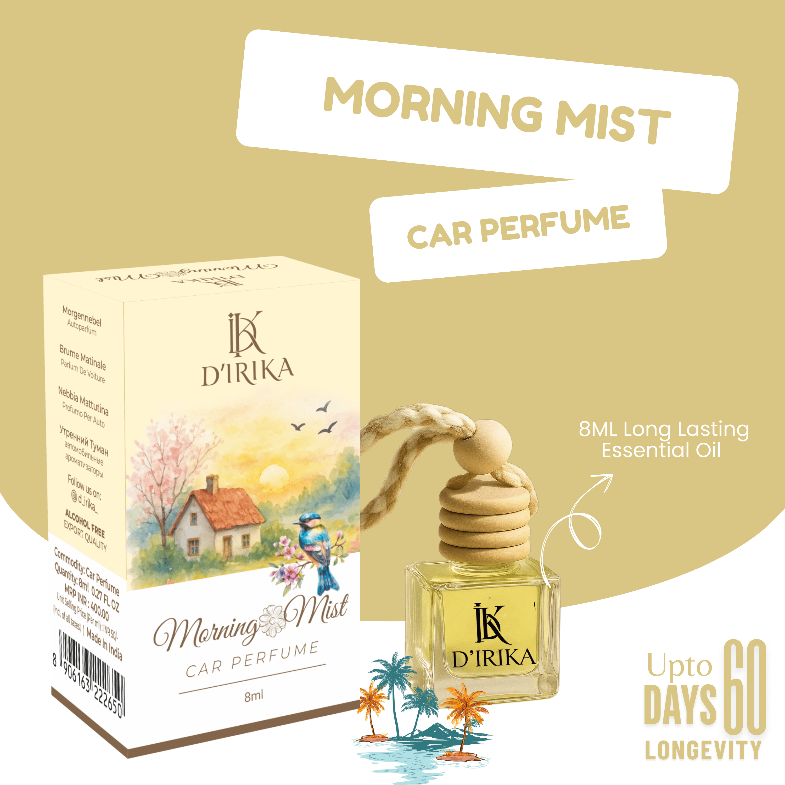 D’IRIKA Morning Mist Hanging Car Perfume – 8ML Long Lasting Essential Oil Freshener