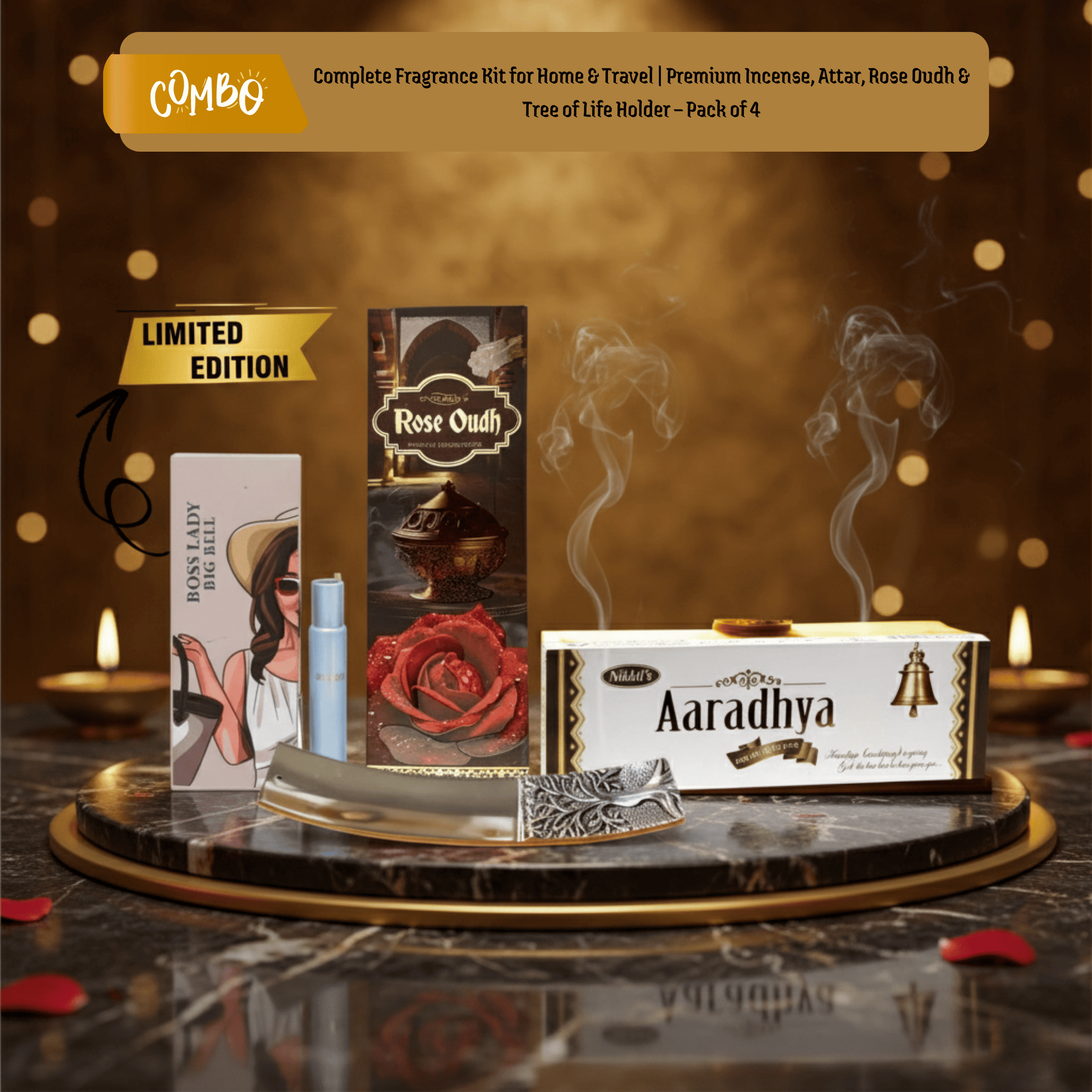 Surya Incense Signature Aroma Elegance – Complete Luxury Fragrance Kit for Home & Travel (Premium Fragrance Box | Pack of 4)