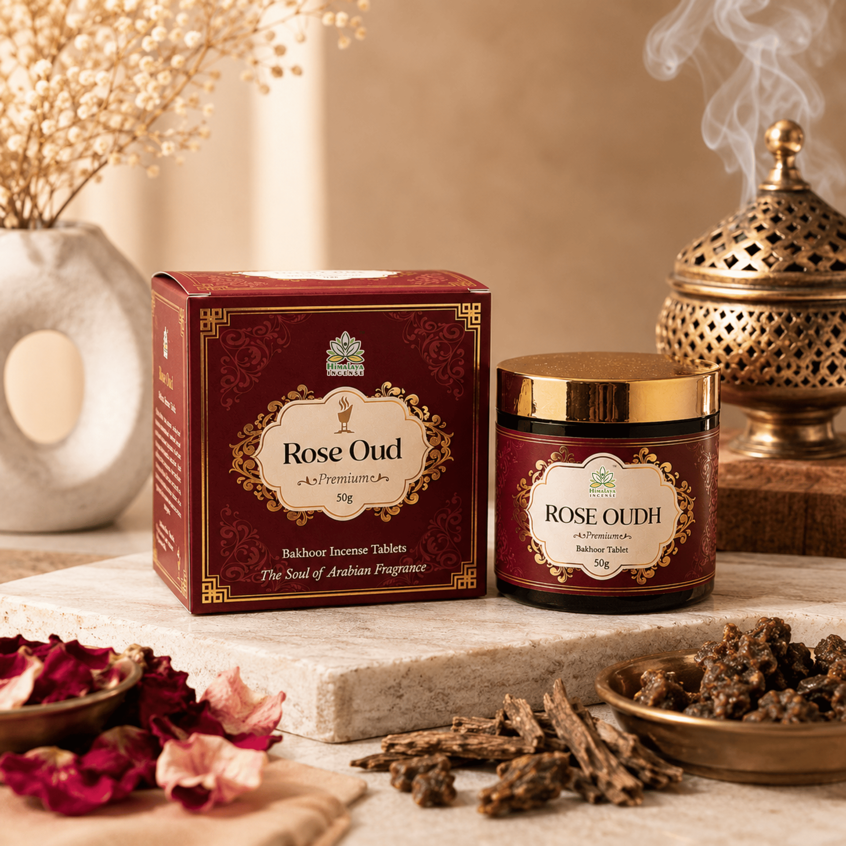 Rose Oudh Bakhoor Tablets – Best Bakhoor in India | Premium Arabic Bakhoor | Long Lasting Rose Oudh Aroma | Luxury Bakhoor Incense for Home, Prayer & Meditation | Himalaya Incense 50g