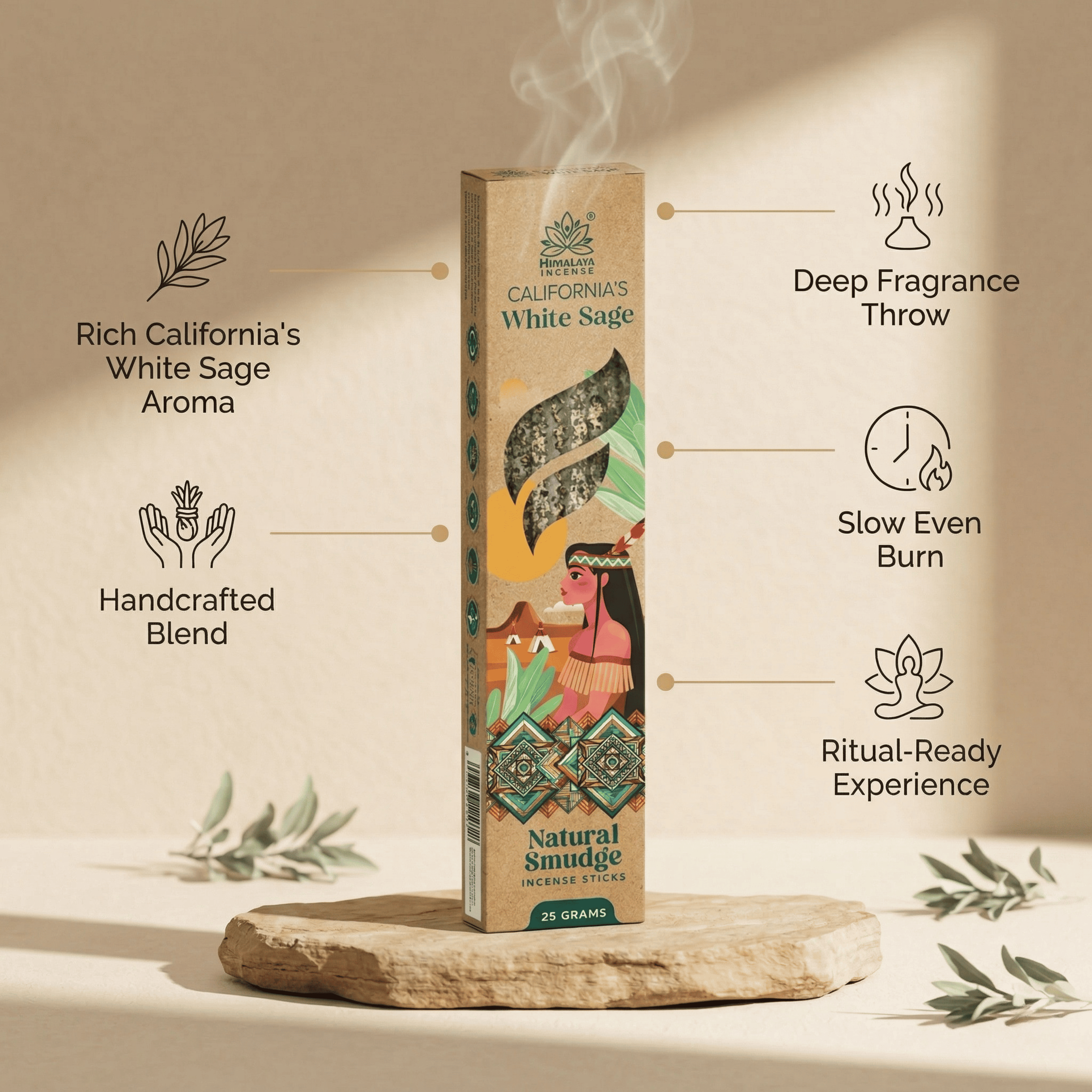 California White Sage Smudge Incense Sticks – Premium Natural Incense, Deep Cleansing Aroma for Meditation & Home Fragrance - 25G / Box
