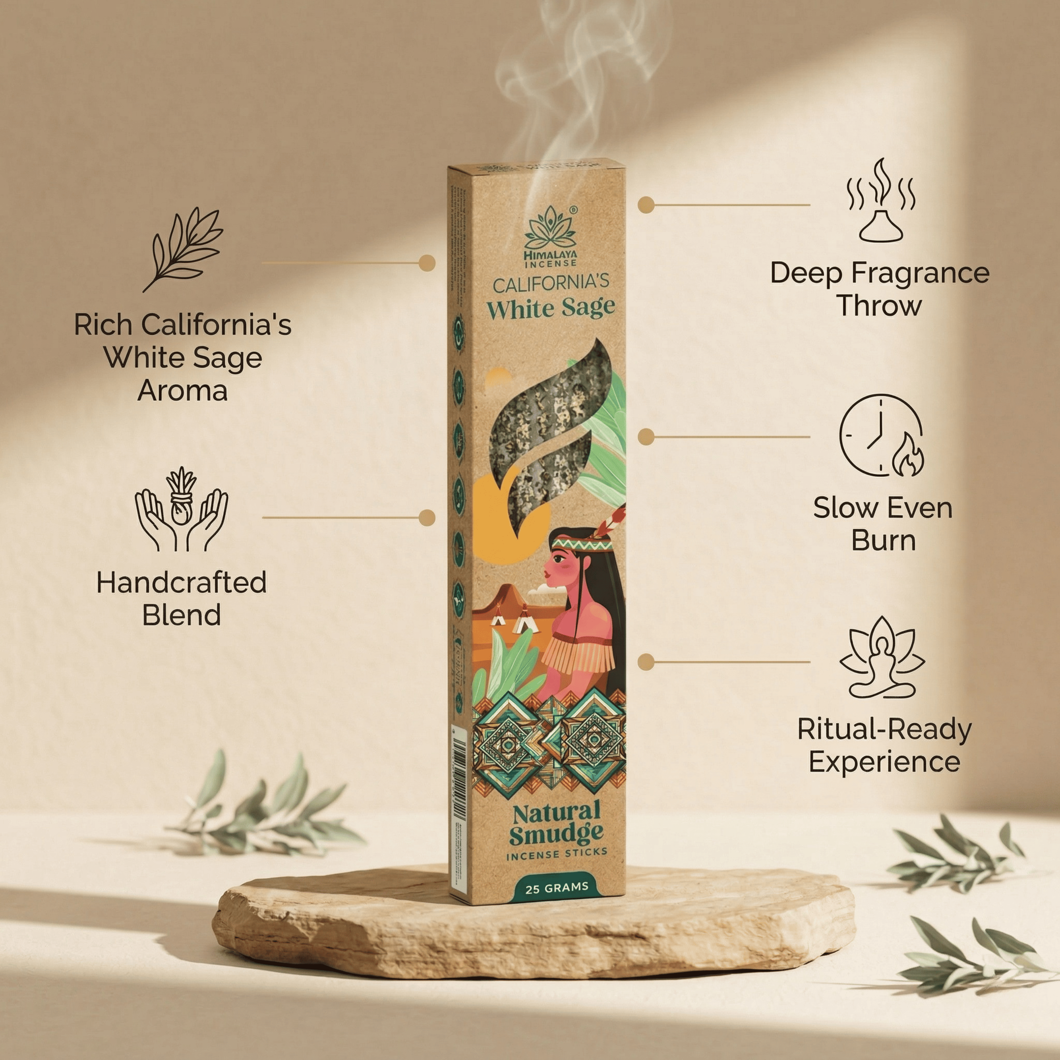 California White Sage Smudge Incense Sticks – Premium Natural Incense, Deep Cleansing Aroma for Meditation & Home Fragrance - 25G / Box