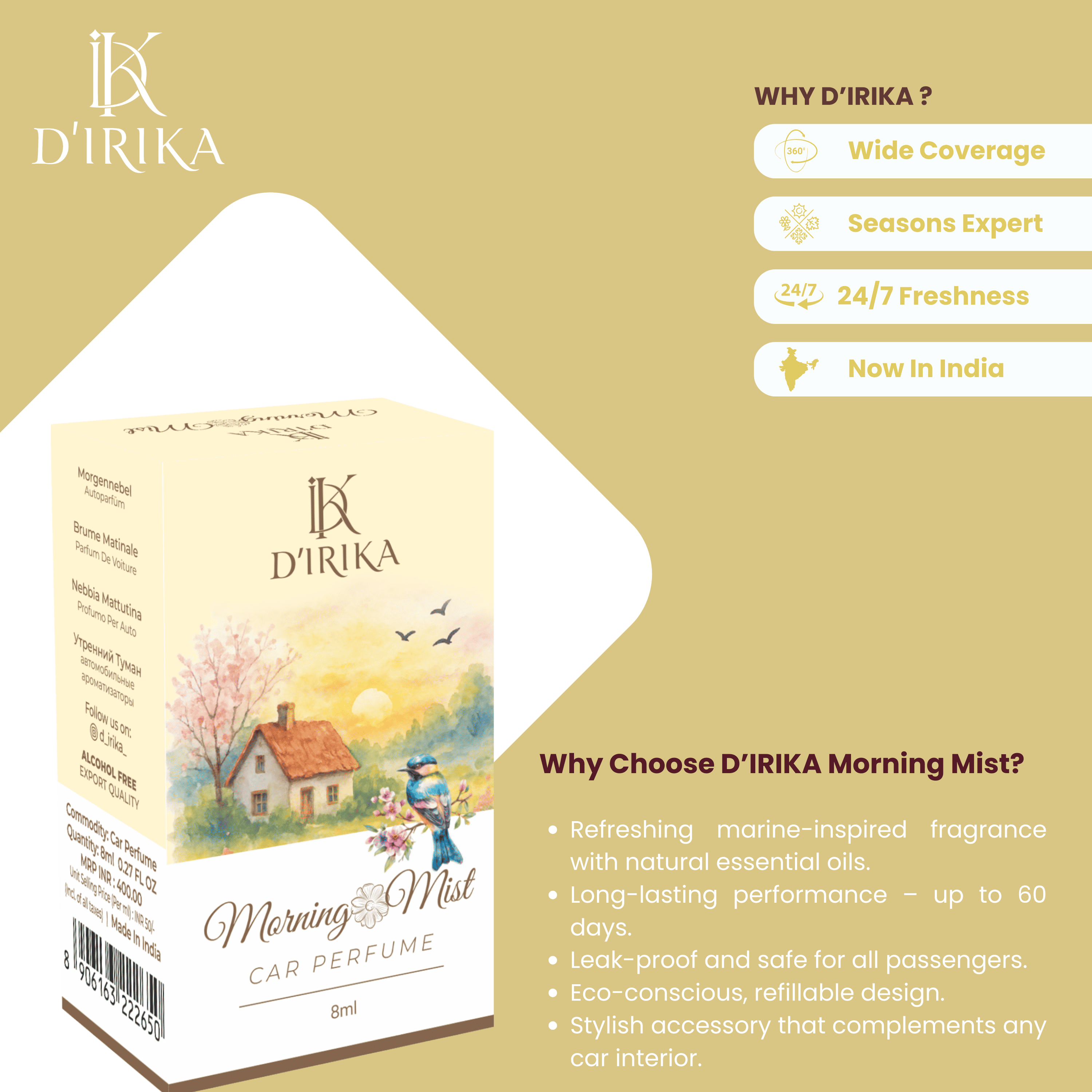 D’IRIKA Morning Mist Hanging Car Perfume – 8ML Long Lasting Essential Oil Freshener