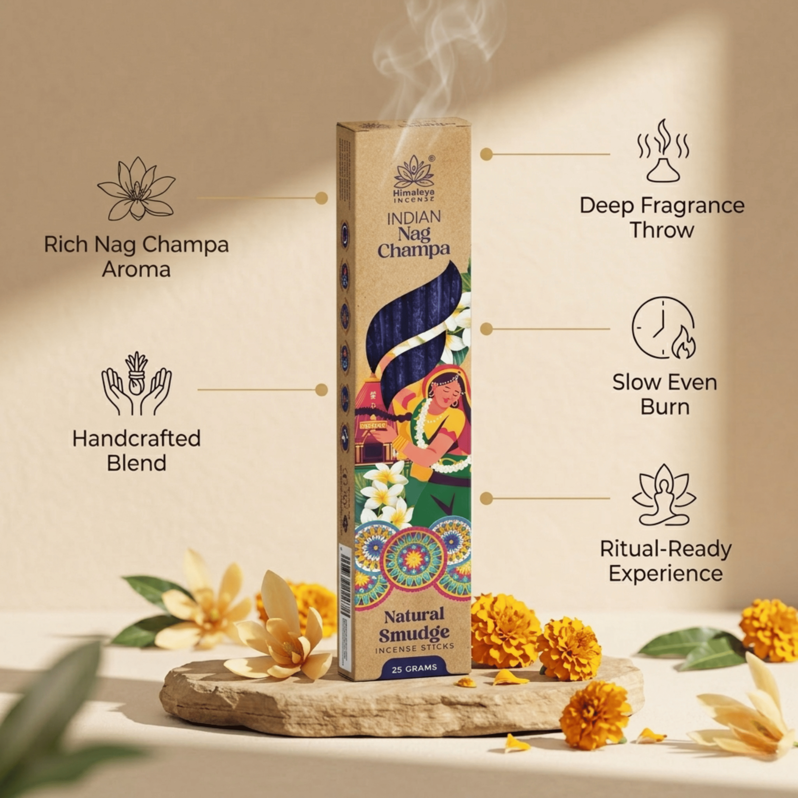 Indian Nag Champa Smudge Incense Sticks – Premium Natural Spiritual Incense, Long Lasting Rich Aroma for Meditation & Home Fragrance - 25G / Box
