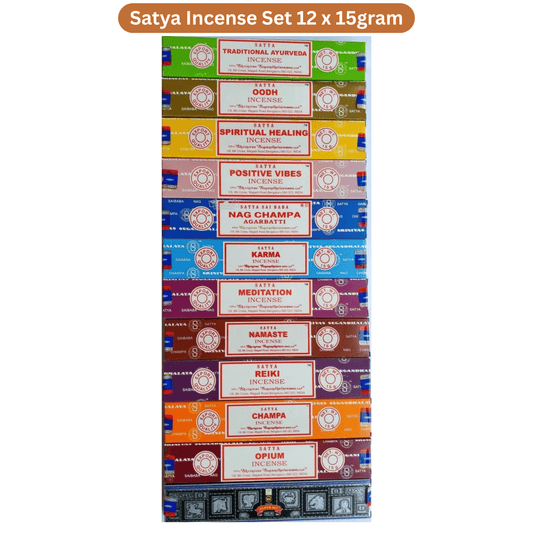 Satya Incense Sticks Combo Pack 12 x 15g – Nag Champa, Oudh, Super Hit, Meditation, Reiki, Opium & More | Premium Masala Agarbatti Set