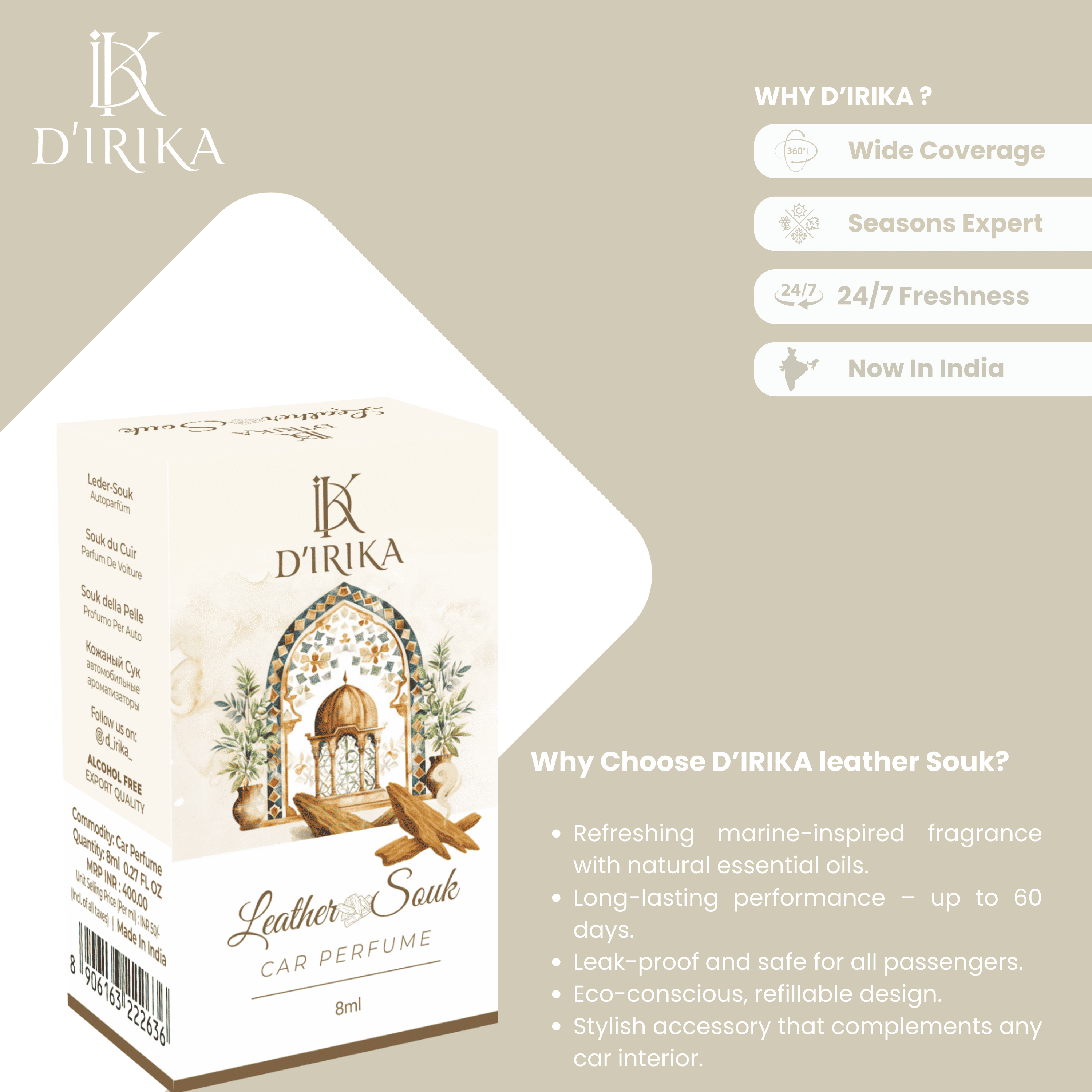 D’irika Leather Souk Hanging Car Perfume – 8ML Long Lasting Essential Oil Freshener