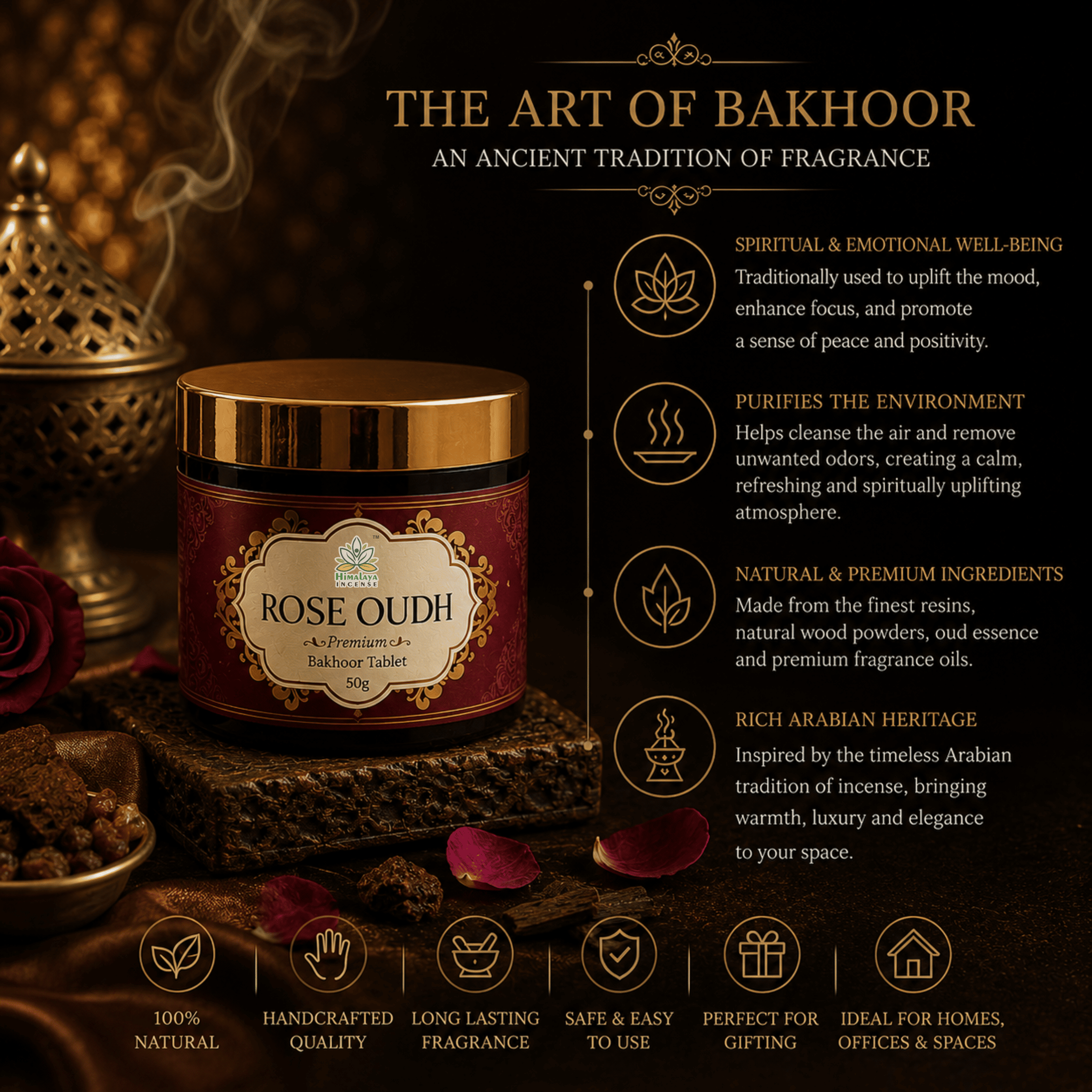 Rose Oudh Bakhoor Tablets – Best Bakhoor in India | Premium Arabic Bakhoor | Long Lasting Rose Oudh Aroma | Luxury Bakhoor Incense for Home, Prayer & Meditation | Himalaya Incense 50g