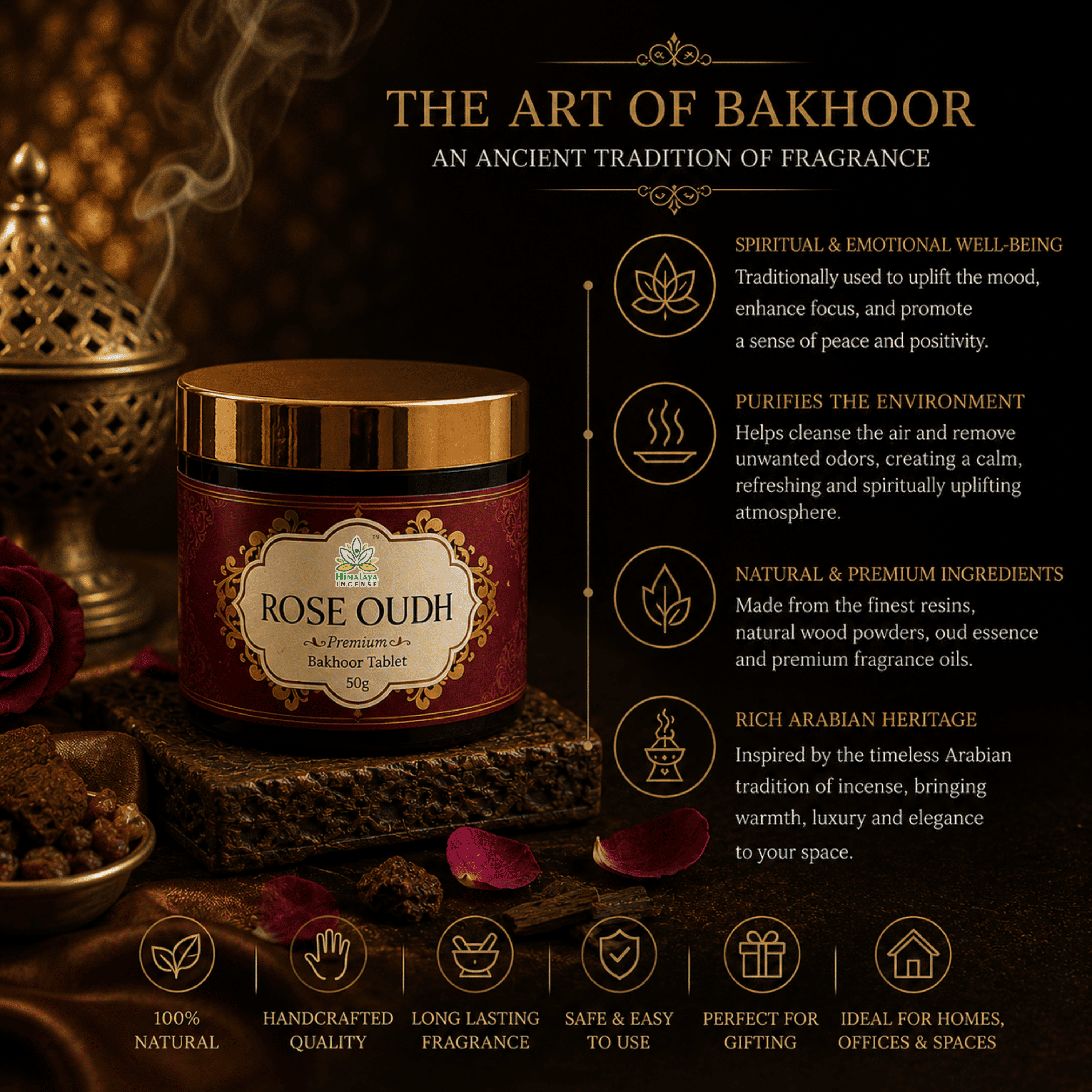 Rose Oudh Bakhoor Tablets – Best Bakhoor in India | Premium Arabic Bakhoor | Long Lasting Rose Oudh Aroma | Luxury Bakhoor Incense for Home, Prayer & Meditation | Himalaya Incense 50g
