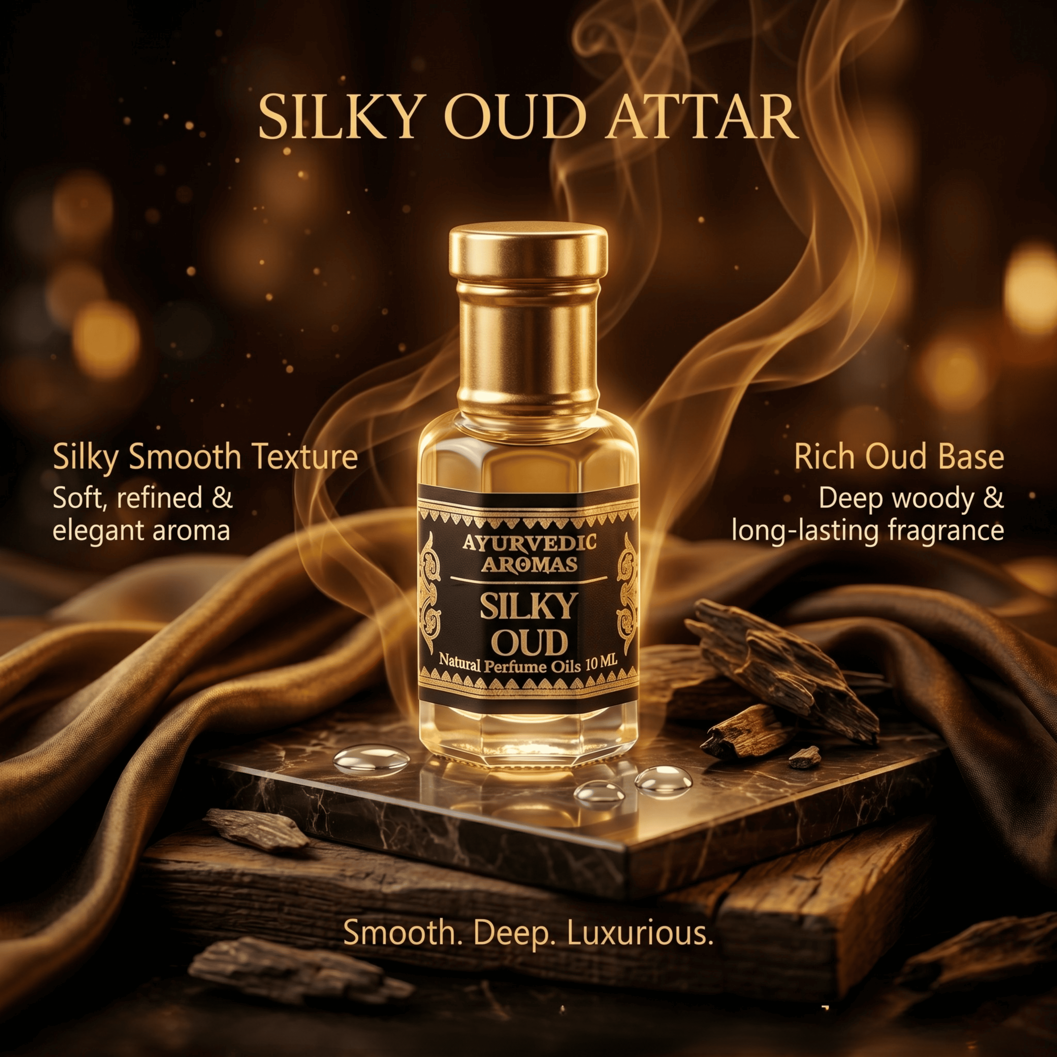 Ayurvedic Silky Oud Attar – Premium Alcohol-Free Perfume Oil, Long Lasting Smooth Oud Fragrance with Musk & Creamy Woods for Men & Women – 10ml