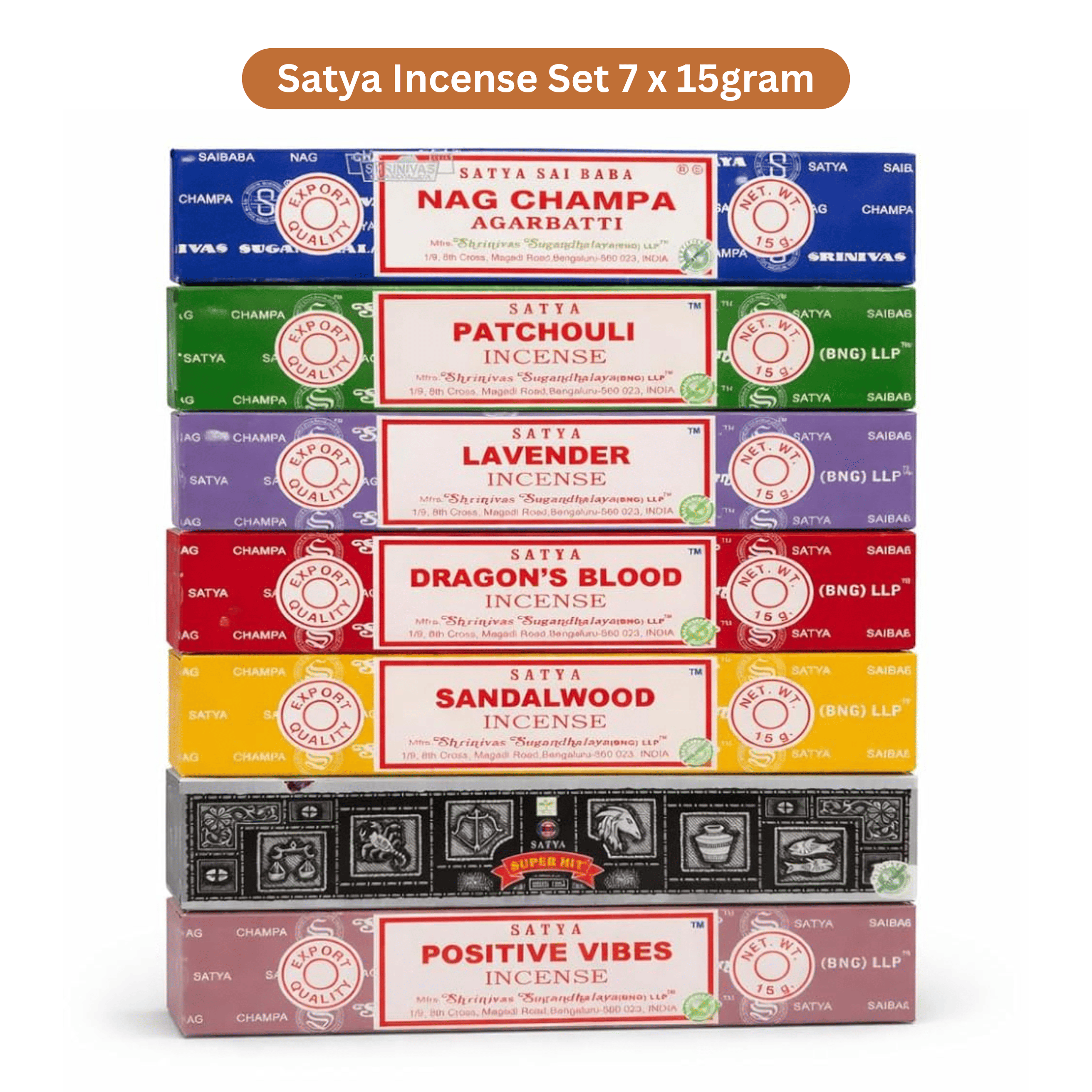 Satya Incense Gift Set 7 x 15g – Premium Masala Agarbatti Combo Pack | Nag Champa, Patchouli, Lavender, Dragon’s Blood, Sandalwood, Positive Vibes