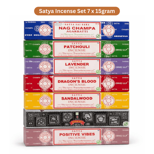 Satya Incense Gift Set 7 x 15g – Premium Masala Agarbatti Combo Pack | Nag Champa, Patchouli, Lavender, Dragon’s Blood, Sandalwood, Positive Vibes