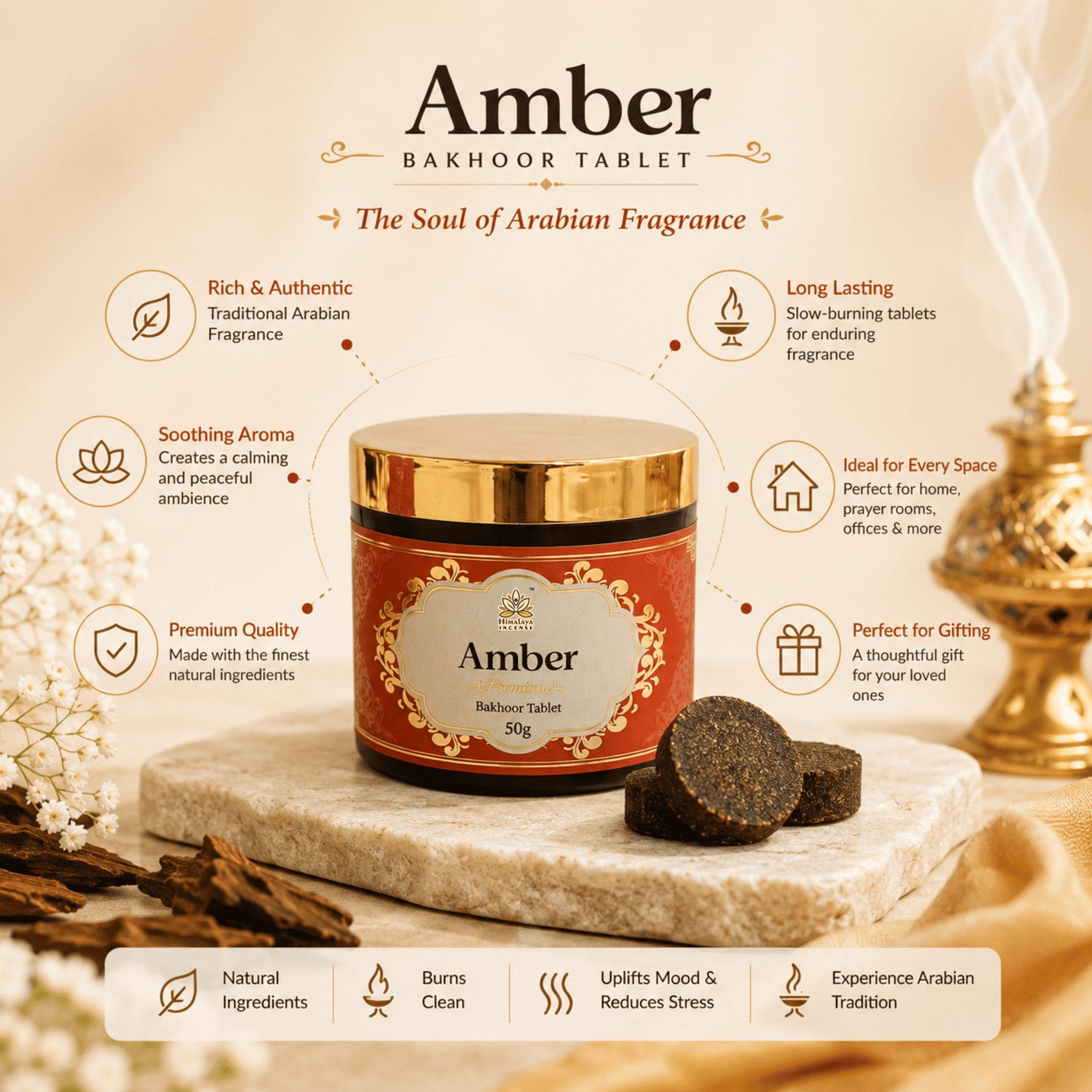 Amber Bakhoor Tablets – Best Amber Bakhoor in India | Premium Amber Arabic Bakhoor | Luxury Arabian Bakhoor for Home - 50Grm