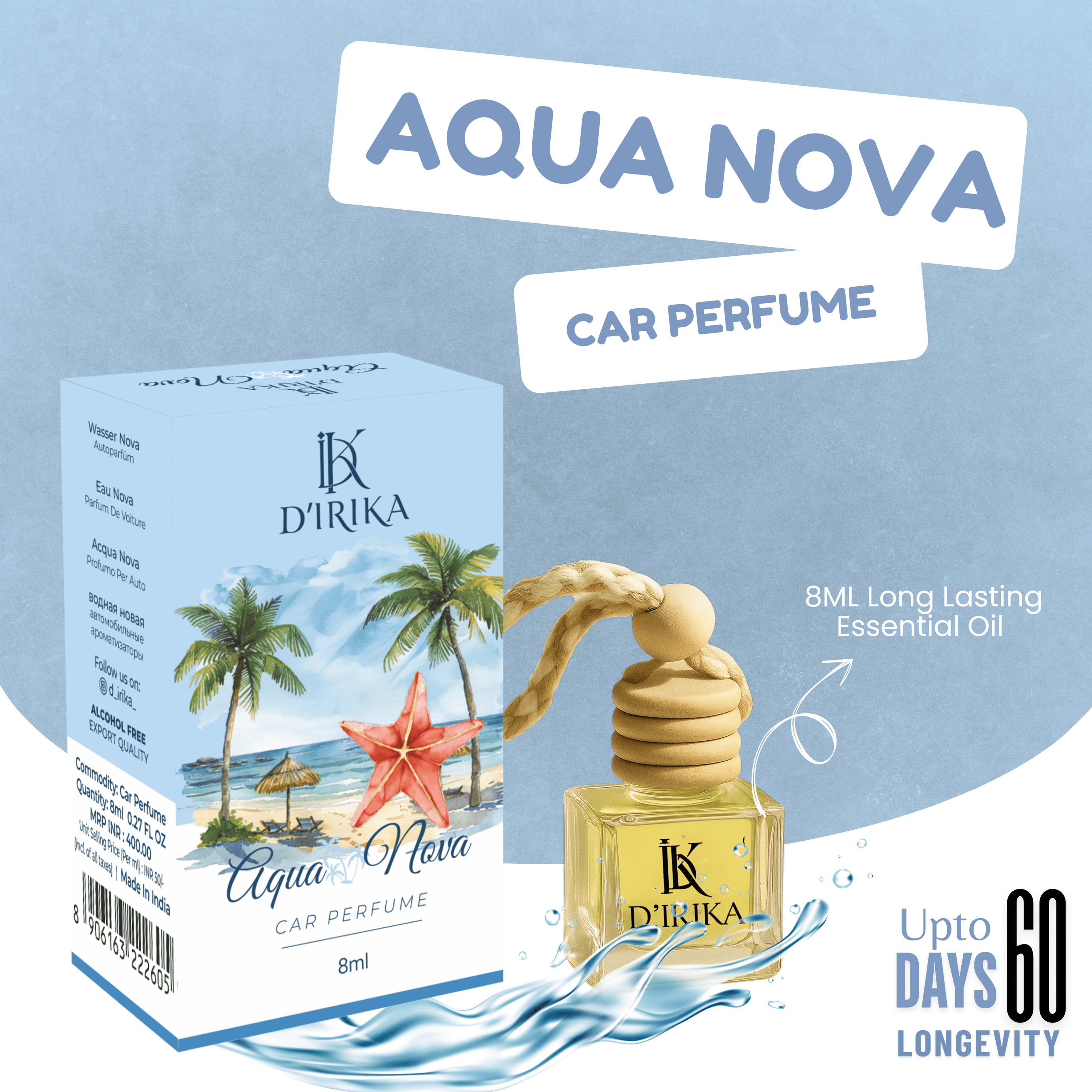 D’irika Aqua Nova Hanging Car Perfume – 8ML Long Lasting Essential Oil Freshener