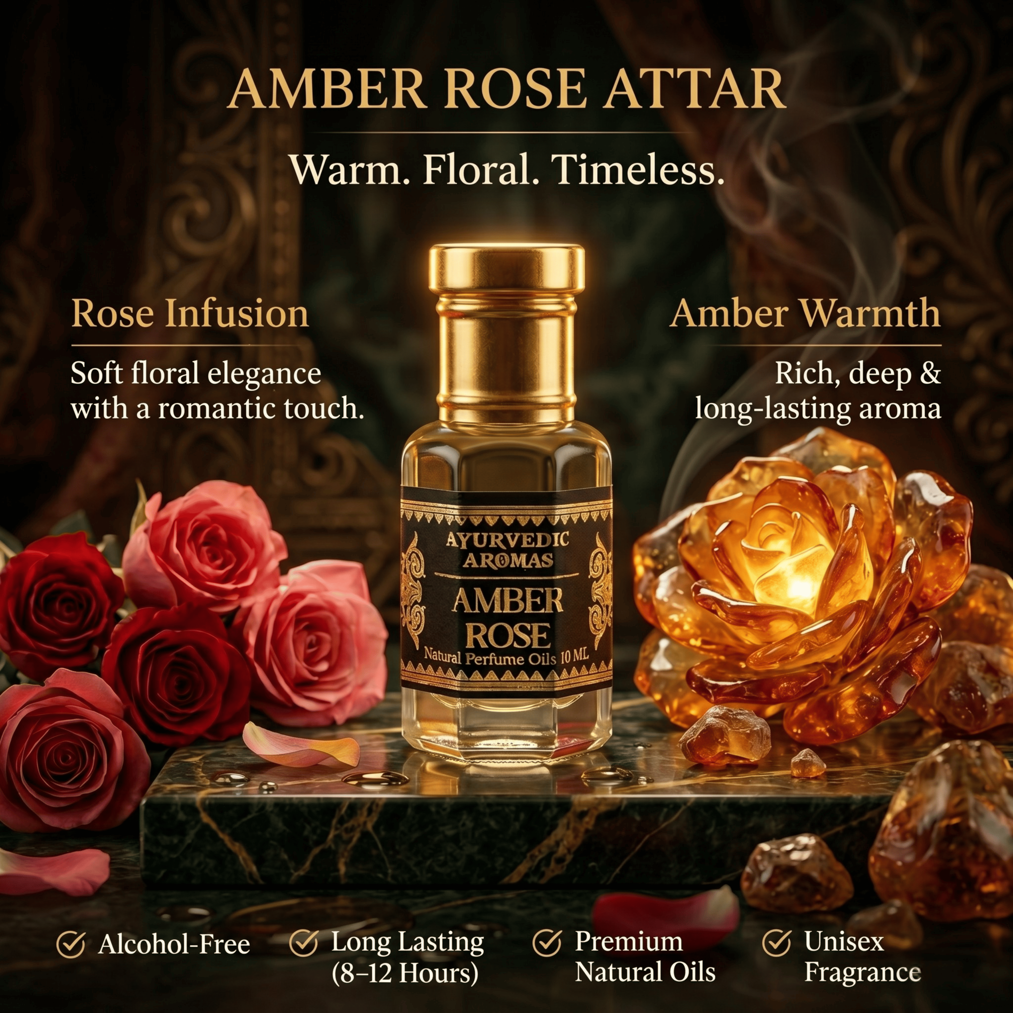 Ayurvedic Amber Rose Attar – Premium Alcohol-Free Perfume Oil, Long Lasting Floral Amber Fragrance with Musk & Woody Notes for Men & Women – 10ml