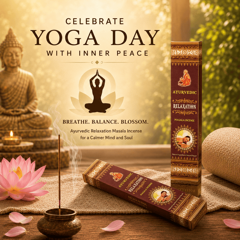 Ayurvedic relaxation incense packaging with a Buddha statue and lotus flower on a wooden table.